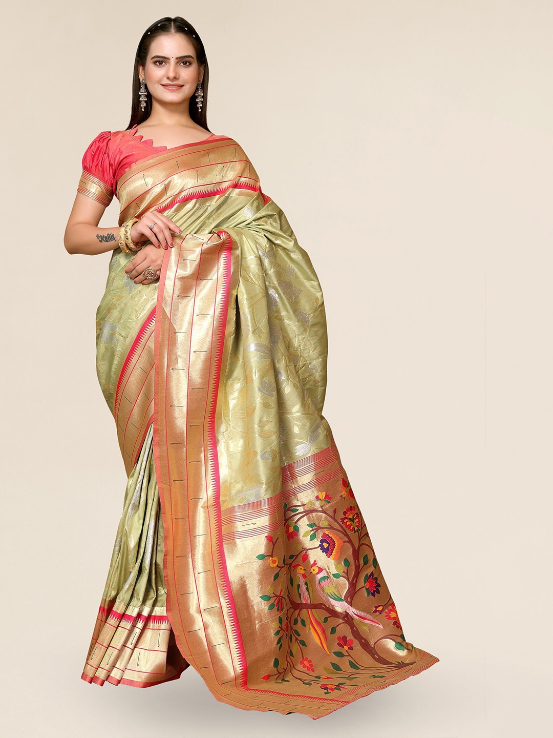 

DIVASTRI Ethnic Motifs Woven Design Zari Paithani Saree, Green