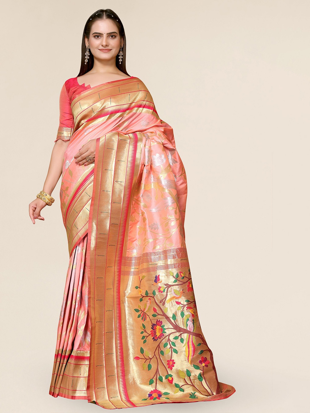 

DIVASTRI Ethnic Motif Woven Design Zari Paithani Saree, Peach