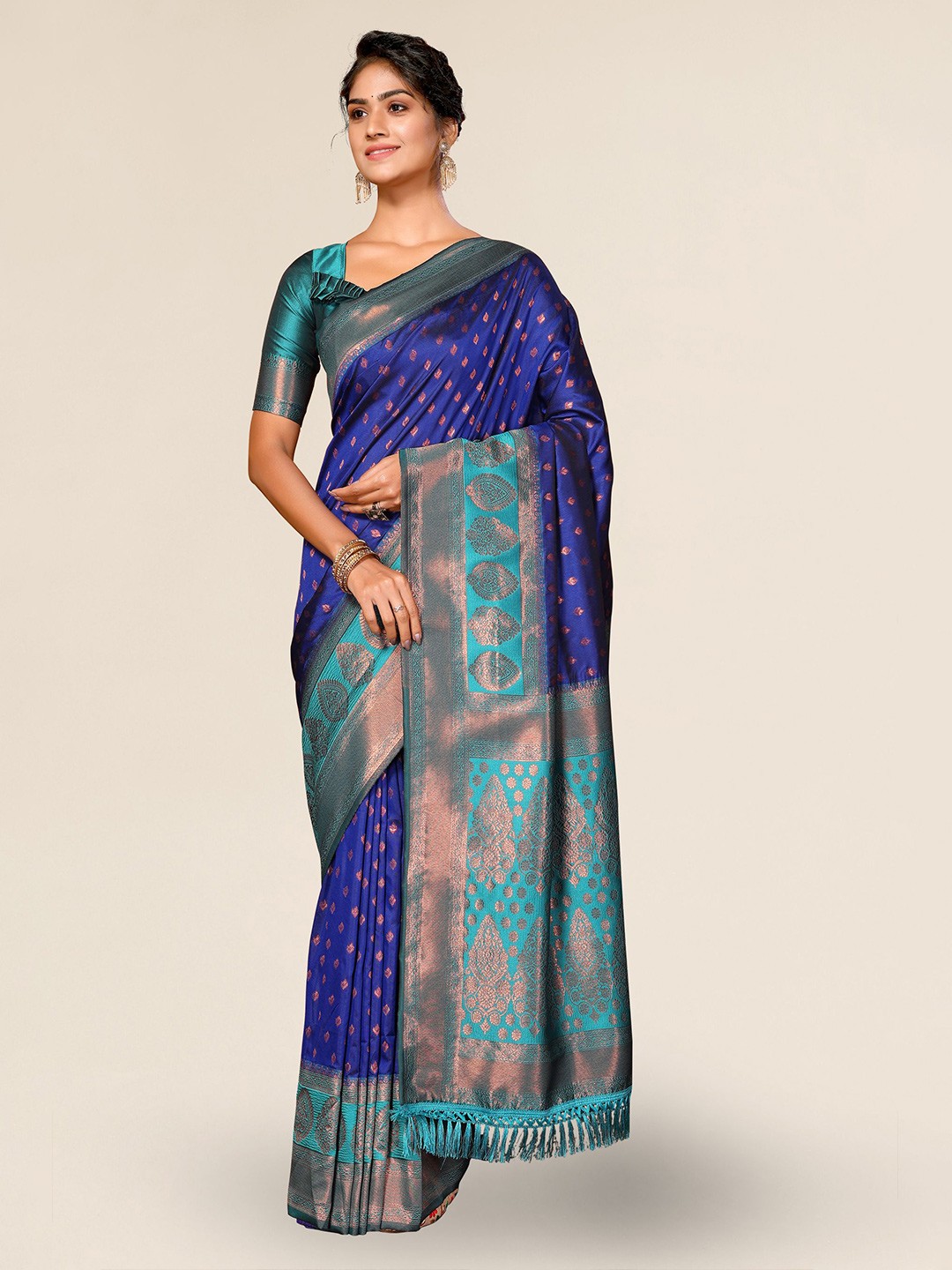 

DIVASTRI Ethnic Motifs Woven Design Zari Silk Blend Banarasi Saree, Blue