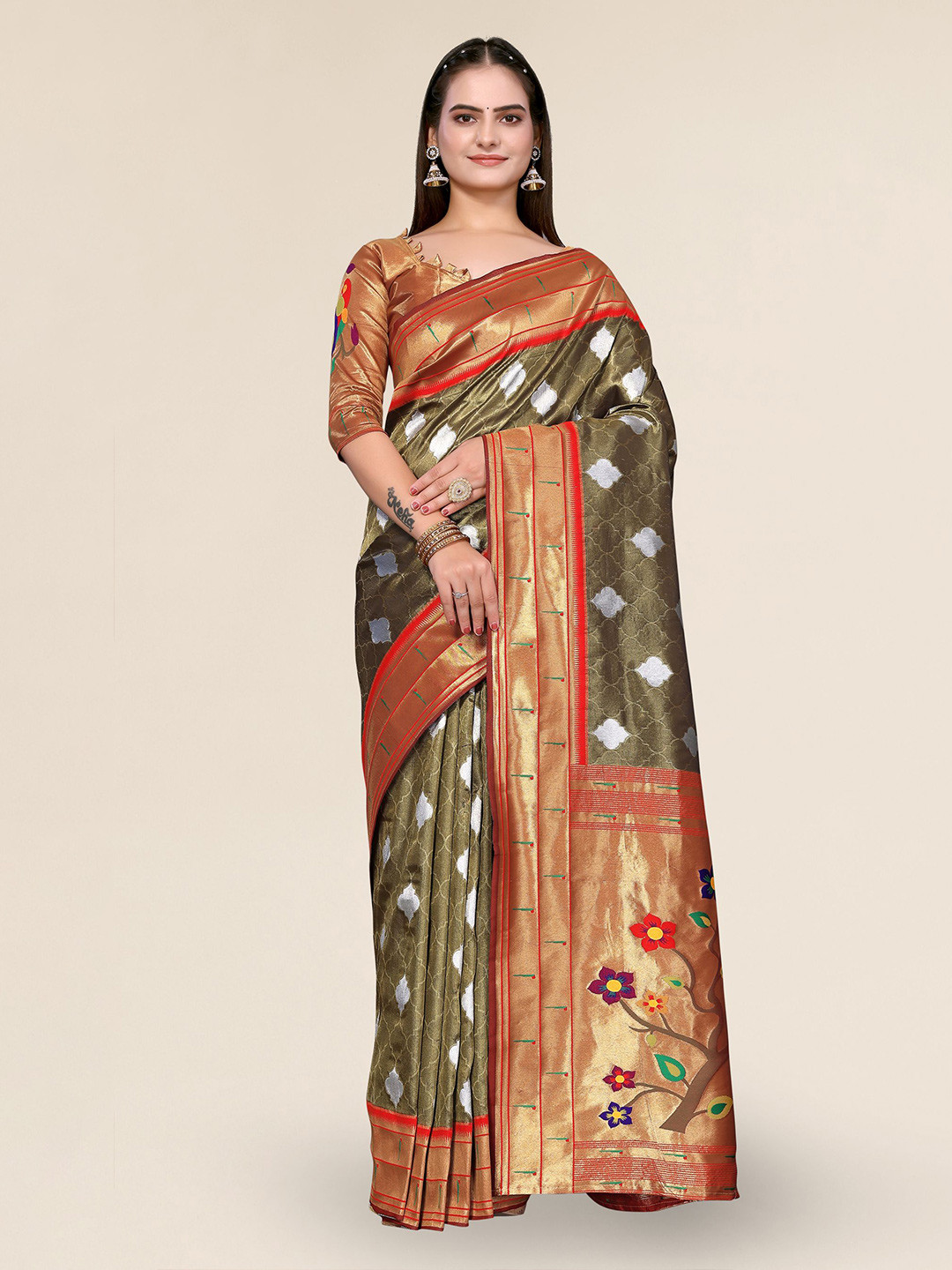 

DIVASTRI Ethnic Motifs Woven Design Zari Banarasi Saree, Green