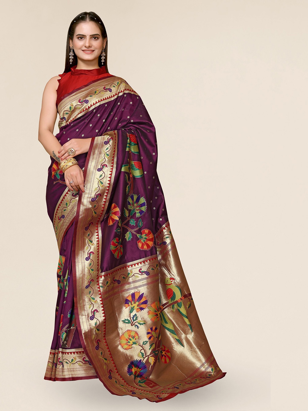 

DIVASTRI Ethnic Motifs Woven Design Zari Banarasi Saree, Burgundy