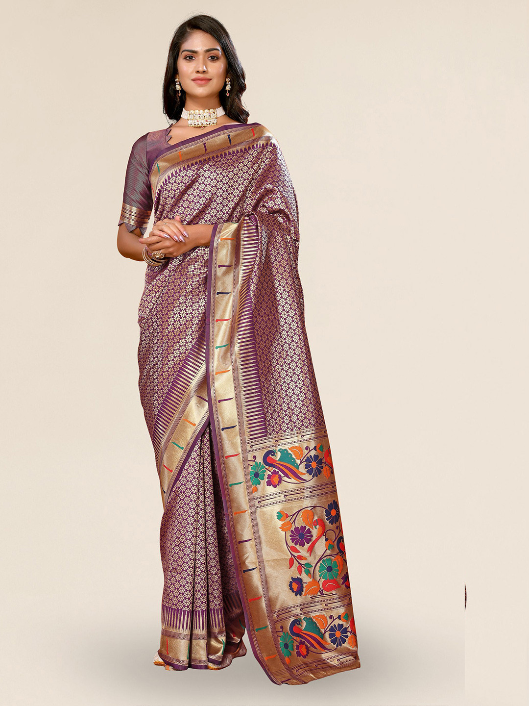 

DIVASTRI Ethnic Motifs Woven Design Zari Silk Blend Paithani Saree, Purple