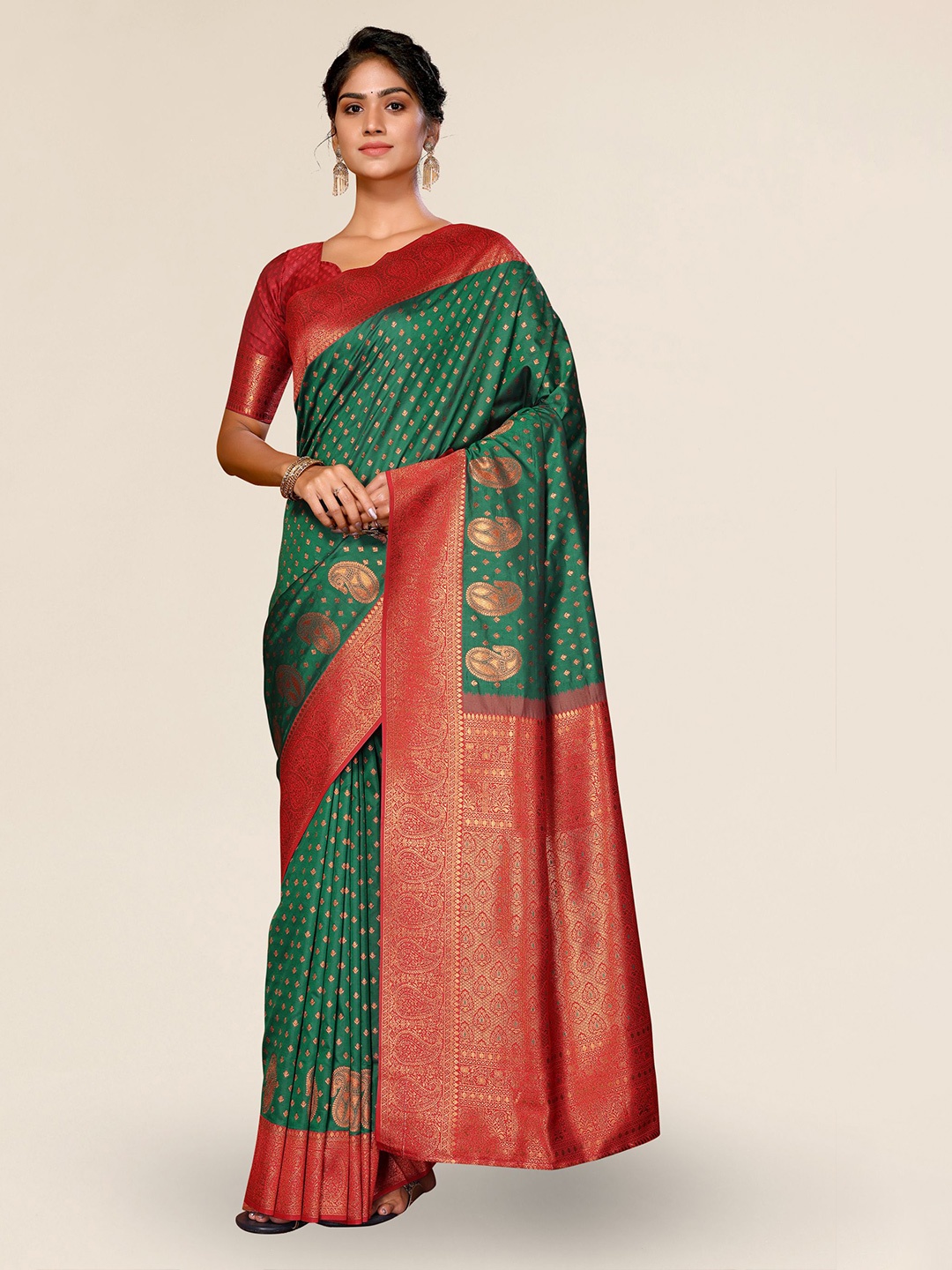 

DIVASTRI Ethnic Motifs Woven Design Zari Silk Blend Banarasi Saree, Green