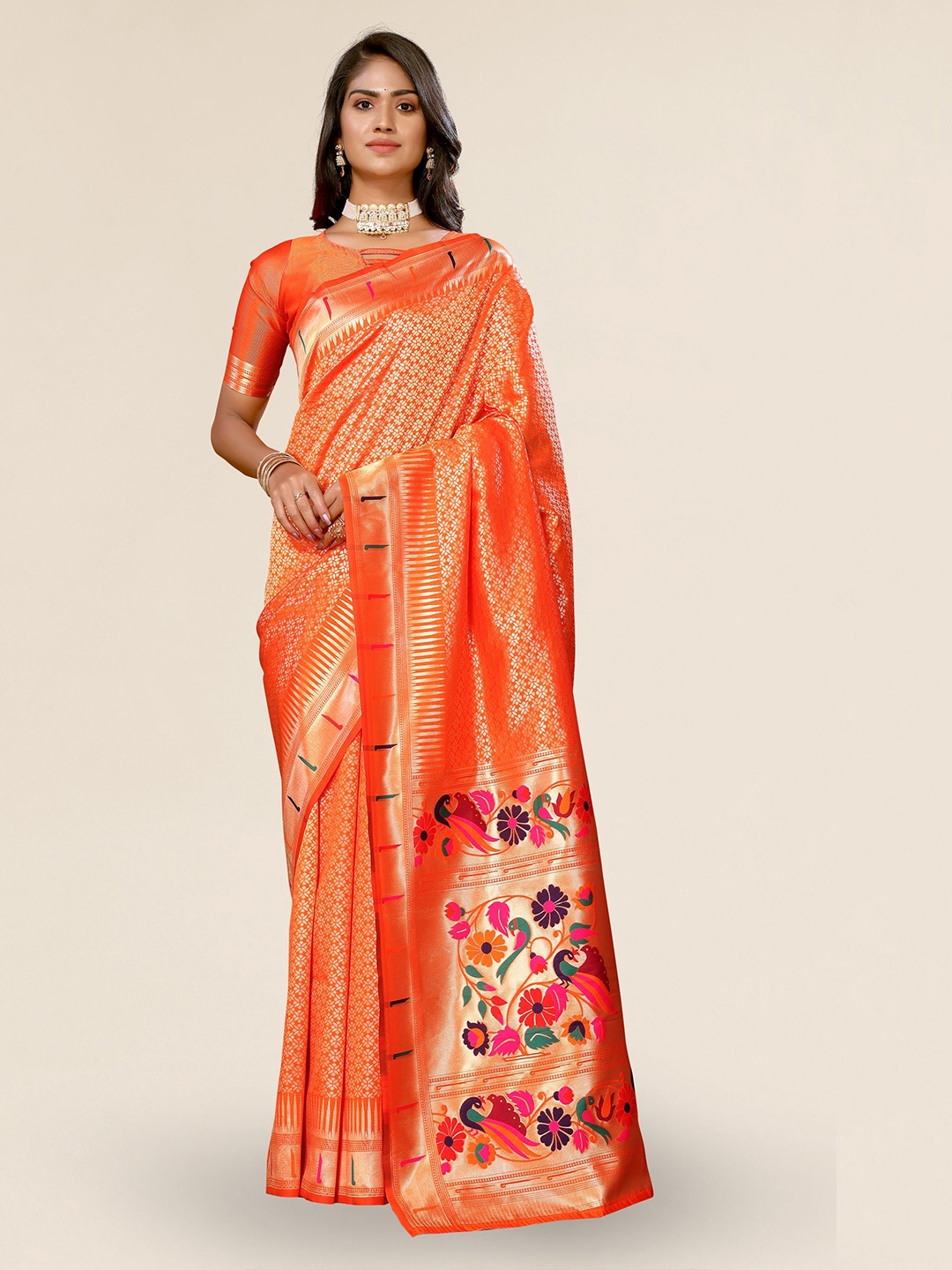 

DIVASTRI Ethnic Motifs Woven Design Zari Paithani Saree, Orange