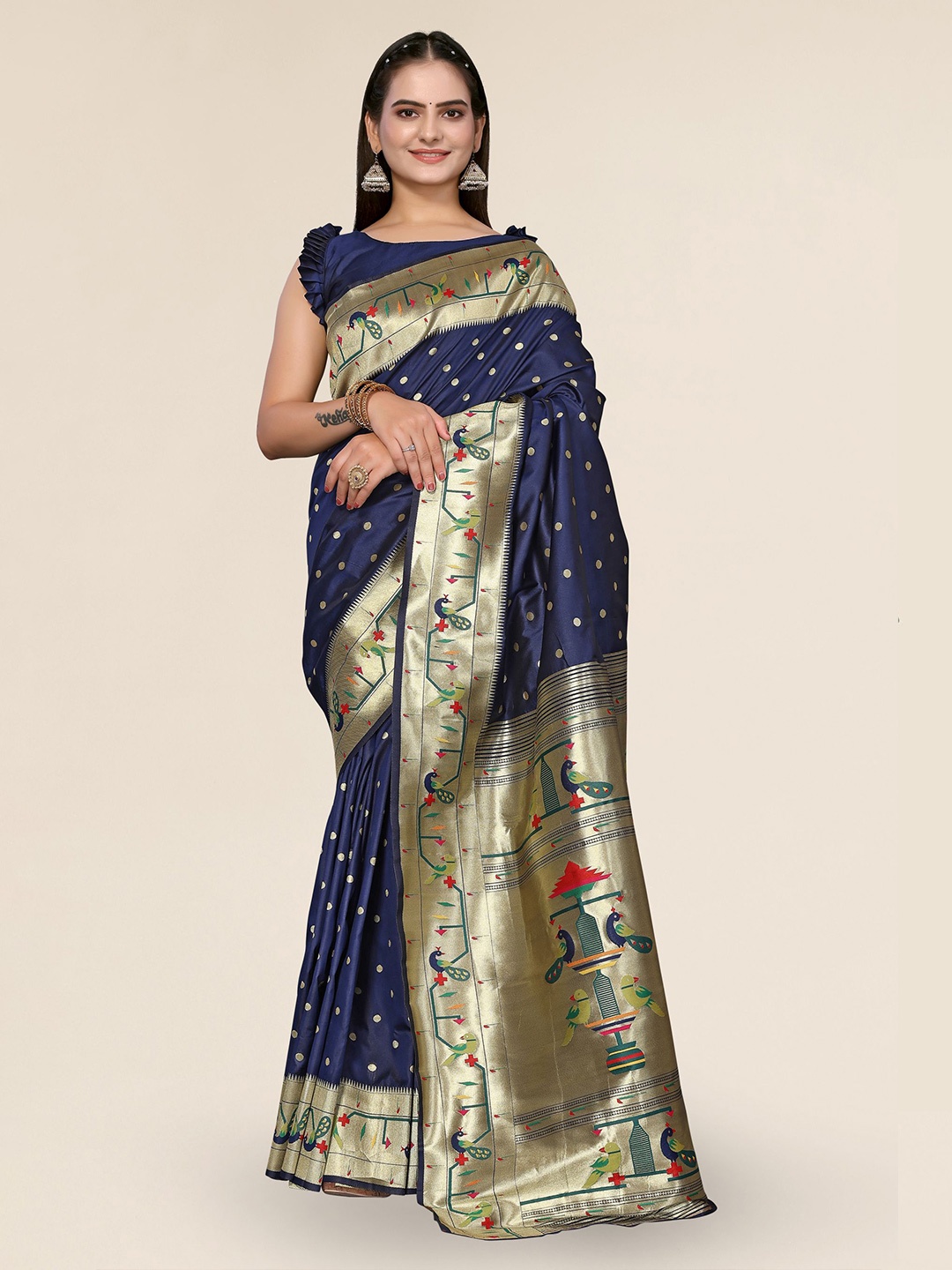 

DIVASTRI Ethnic Motifs Woven Design Zari Paithani Saree, Navy blue
