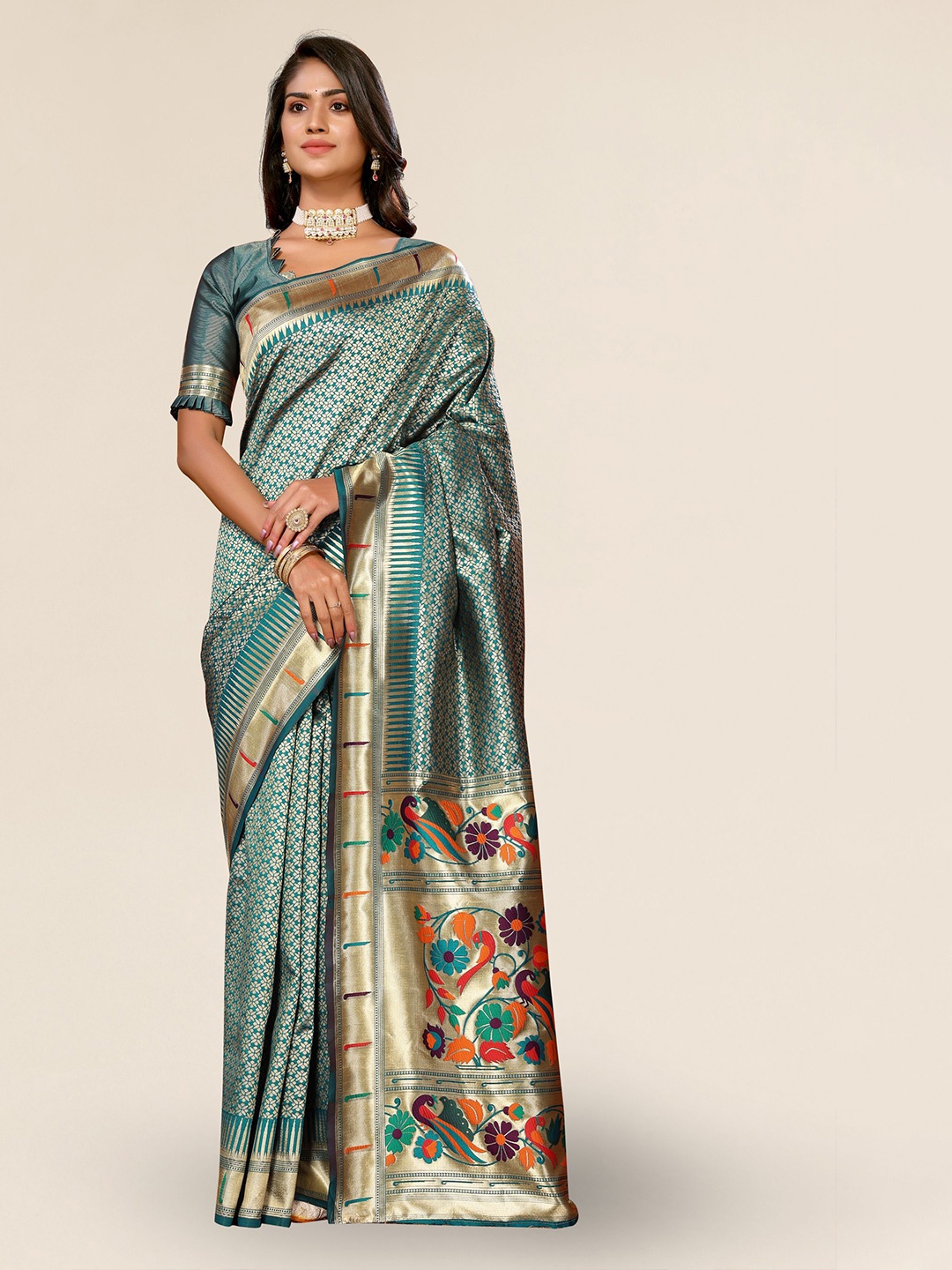 

DIVASTRI Floral Woven Design Zari Paithani Saree, Teal