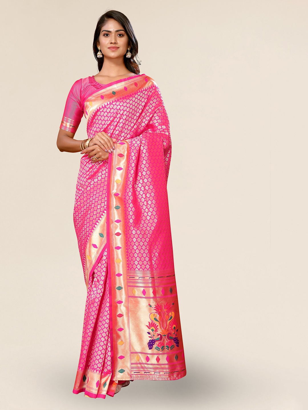 

DIVASTRI Woven Design Zari Silk Blend Paithani Saree, Pink