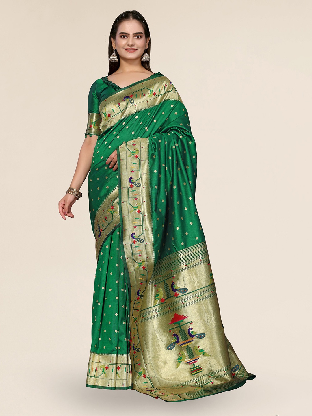 

DIVASTRI Ethnic Motifs Woven Design Zari Paithani Saree, Green