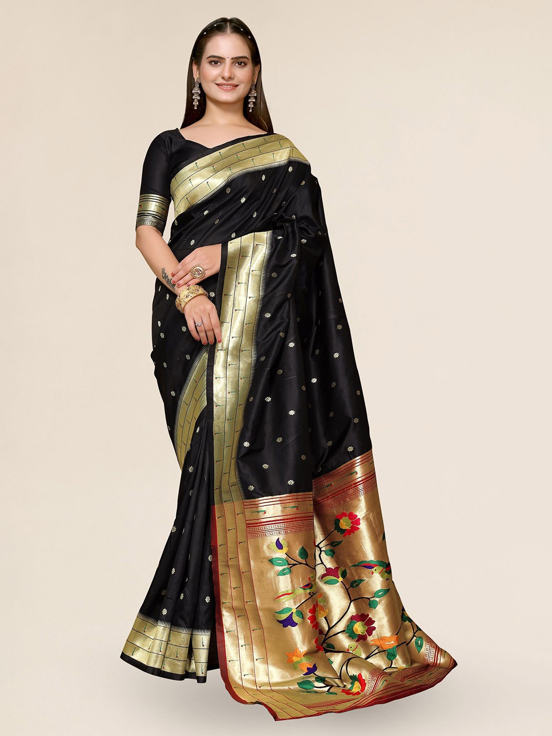 

DIVASTRI Ethnic Motifs Woven Design Zari Paithani Saree, Black