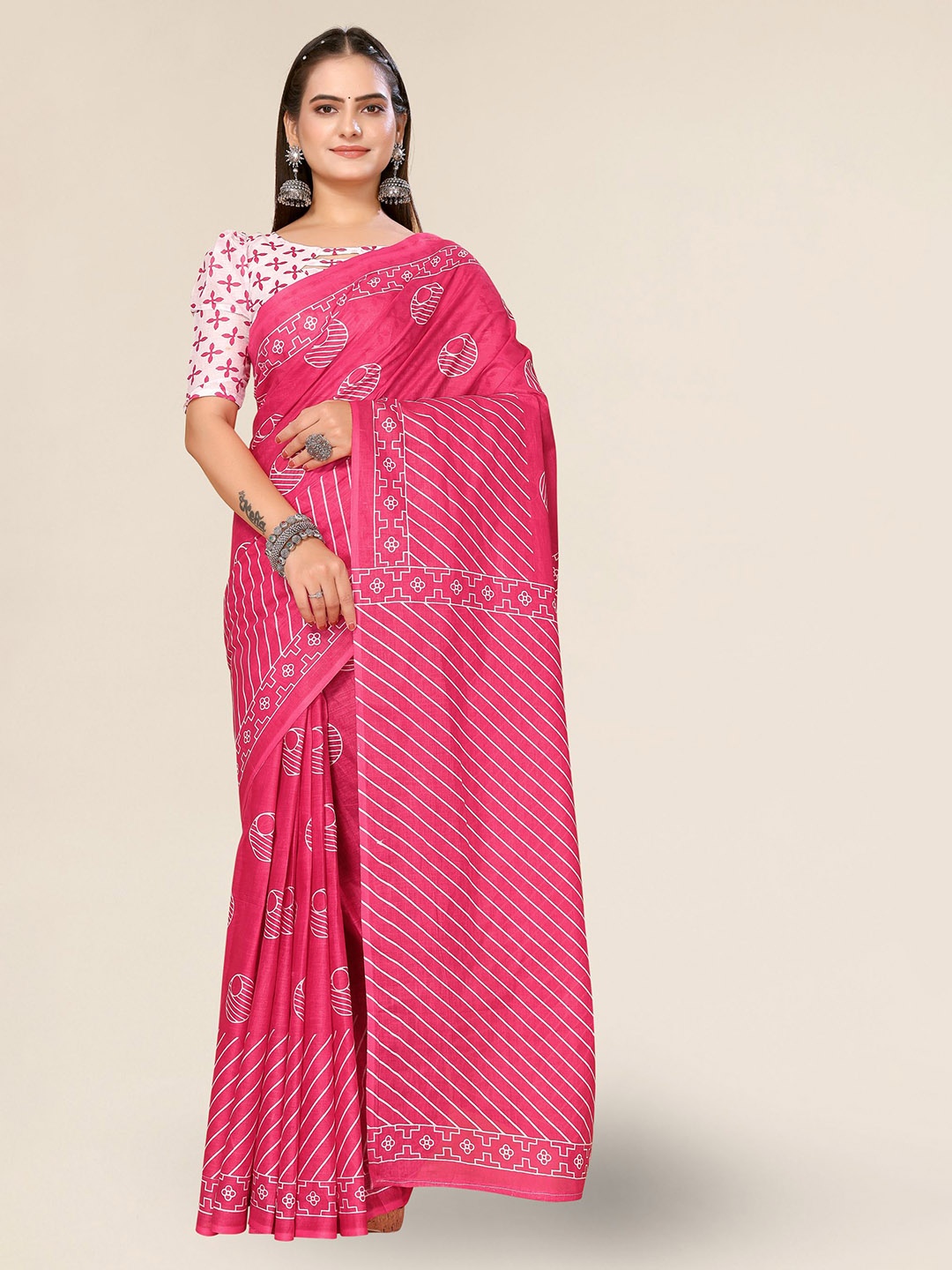 

DIVASTRI Geometric Printed Kota Saree, Pink