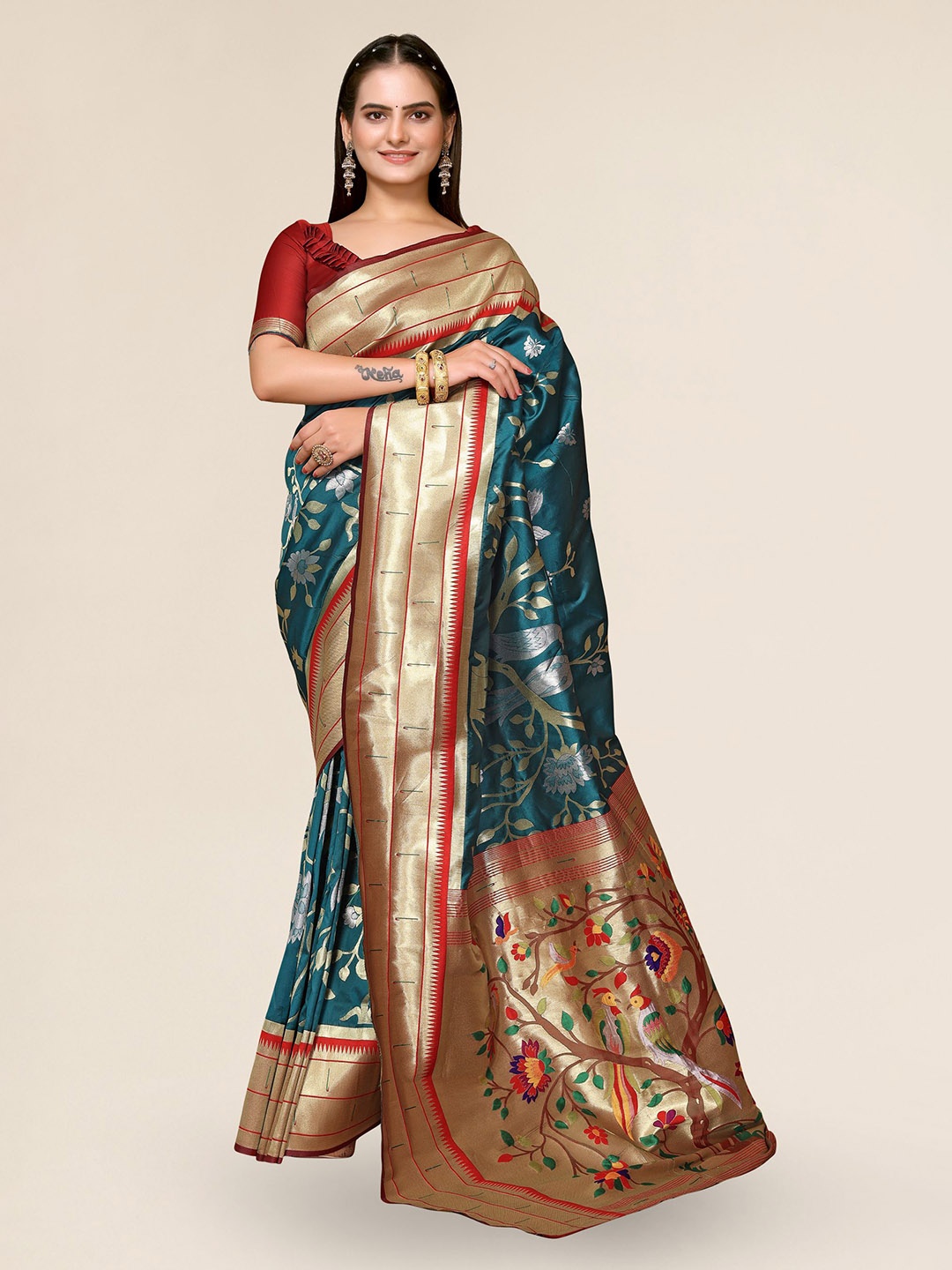 

DIVASTRI Ethnic Motifs Woven Design Zari Paithani Saree, Teal