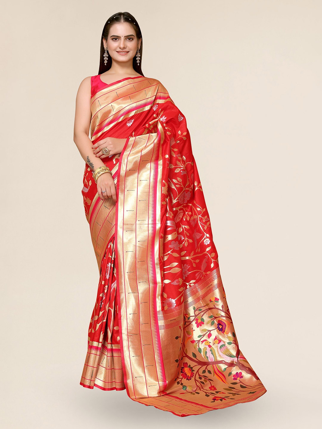 

DIVASTRI Ethnic Motifs Woven Design Zari Silk Blend Paithani Saree, Red