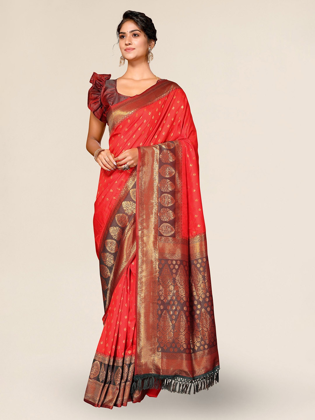 

DIVASTRI Ethnic Motifs Woven Design Zari Banarasi Saree, Red