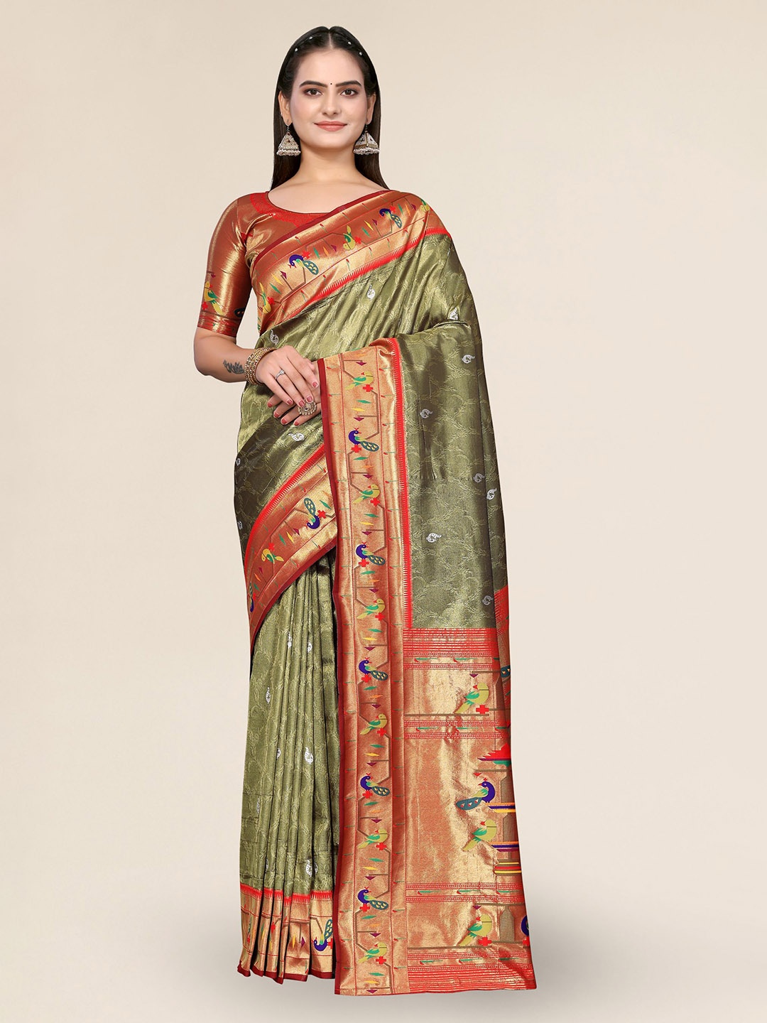 

DIVASTRI Woven Design Zari Silk Blend Paithani Saree, Green
