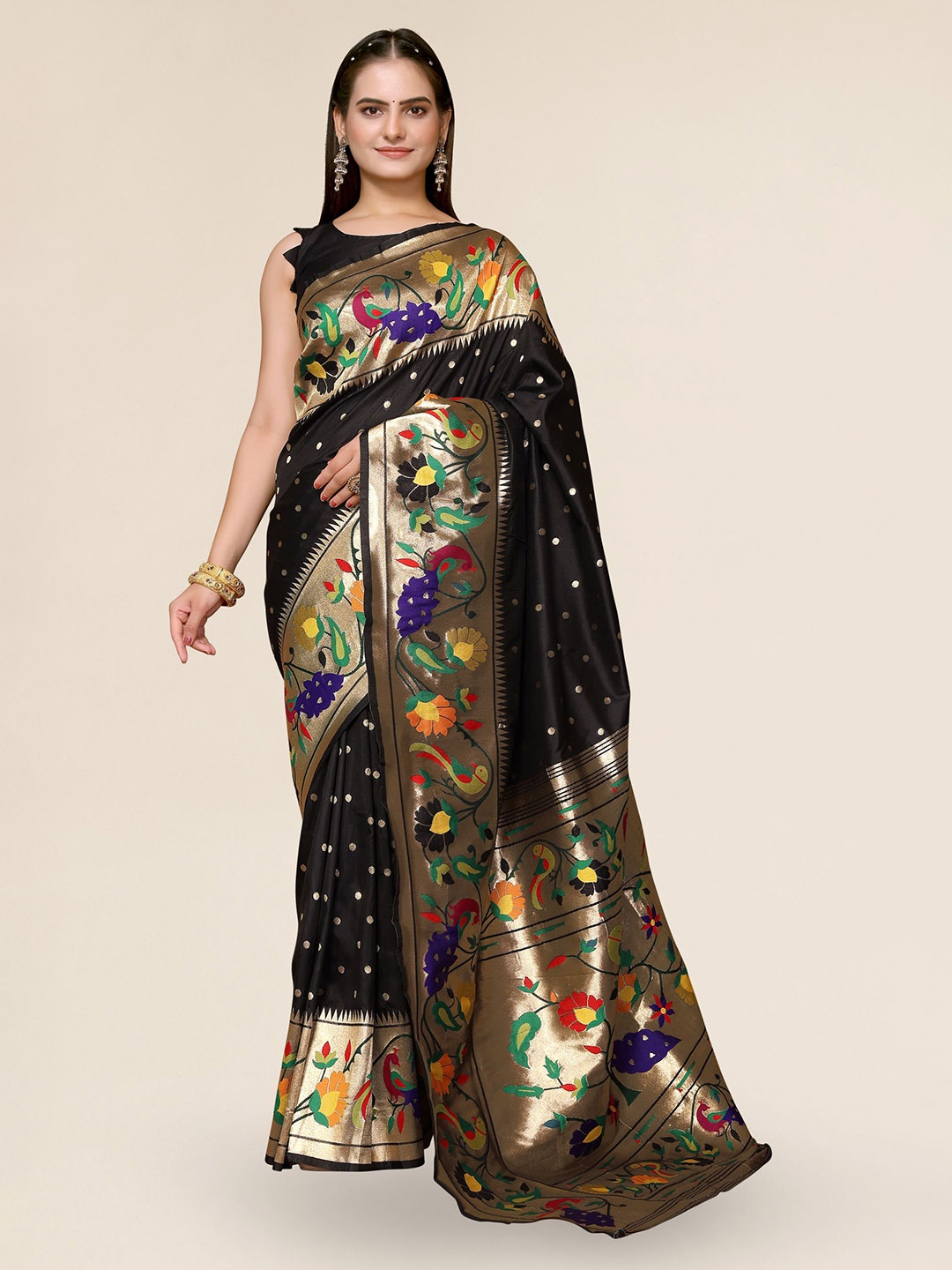 

DIVASTRI Ethnic Motifs Woven Design Zari Paithani Saree, Black