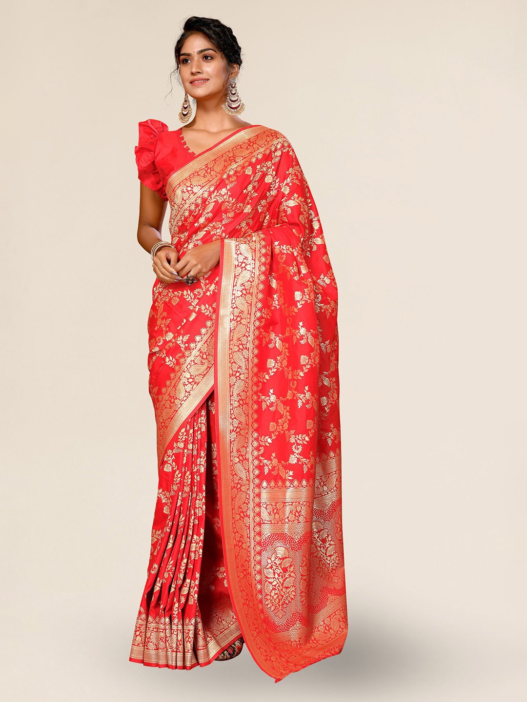 

DIVASTRI Floral Woven Design Zari Banarasi Saree, Red
