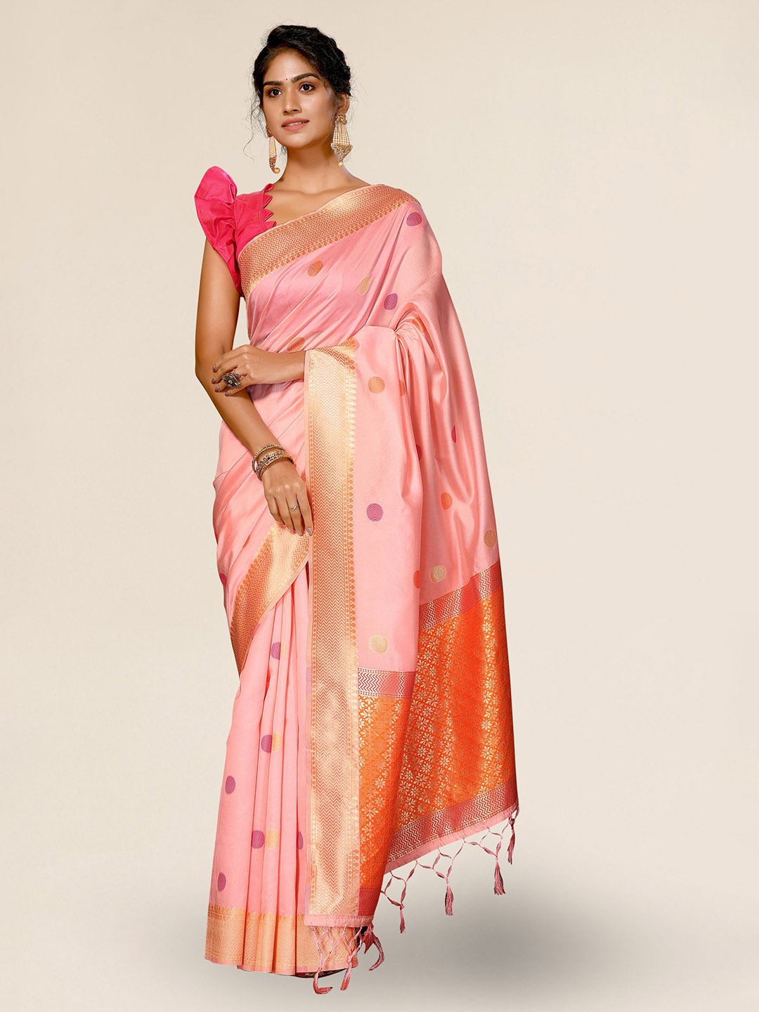 

DIVASTRI Ethnic Motifs Woven Design Zari Silk Blend Kanjeevaram Saree, Peach