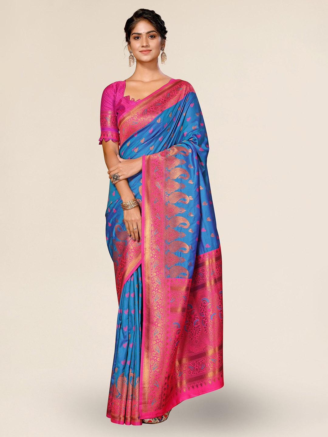 

DIVASTRI Ethnic Motifs Woven Design Zari Silk Blend Banarasi Saree, Blue
