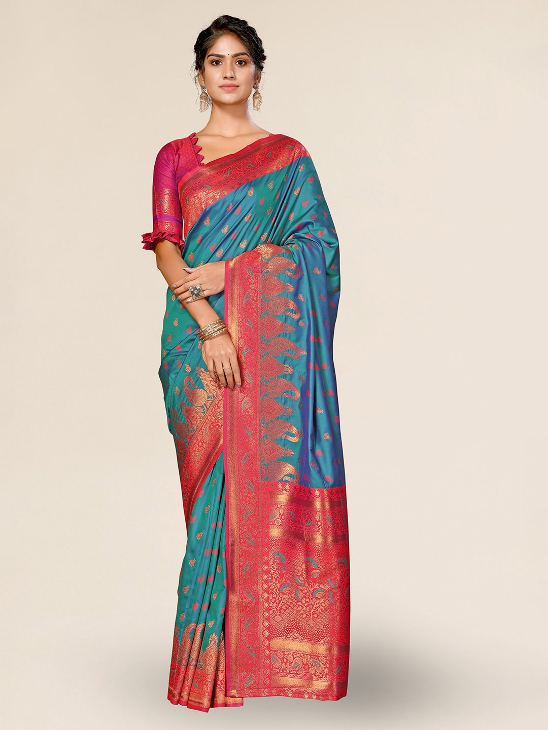 

DIVASTRI Woven Design Ethnic Motifs Zari Banarasi Saree, Teal