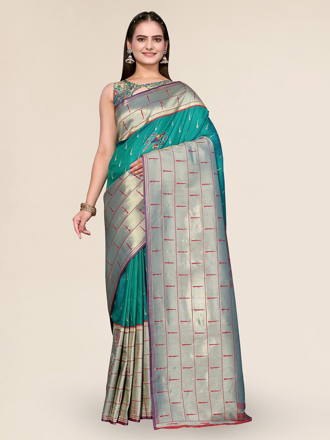 

DIVASTRI Ethnic Motifs Woven Design Zari Banarasi Saree, Teal