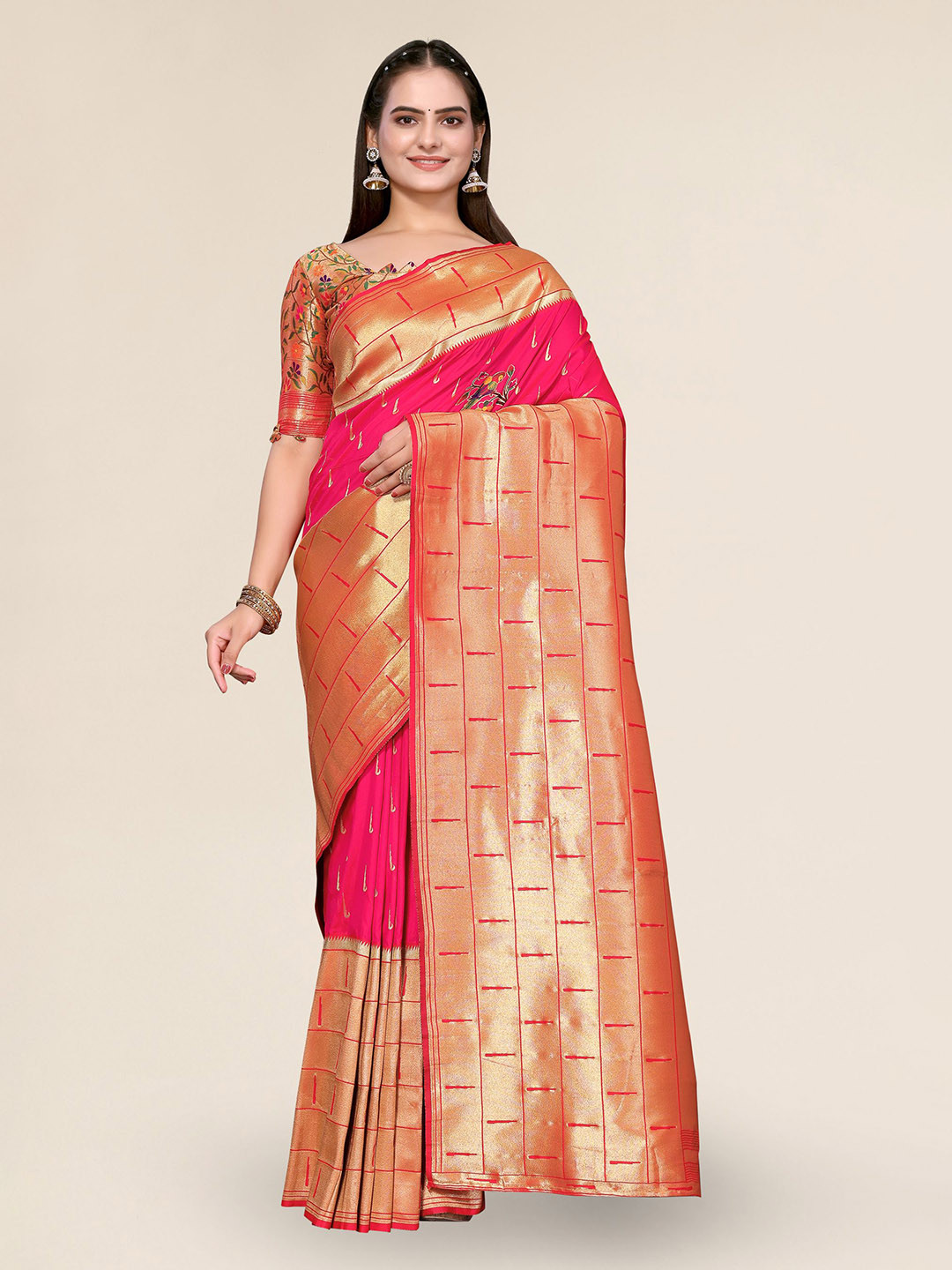 

DIVASTRI Ethnic Motifs Woven Design Zari Silk Blend Banarasi Saree, Pink