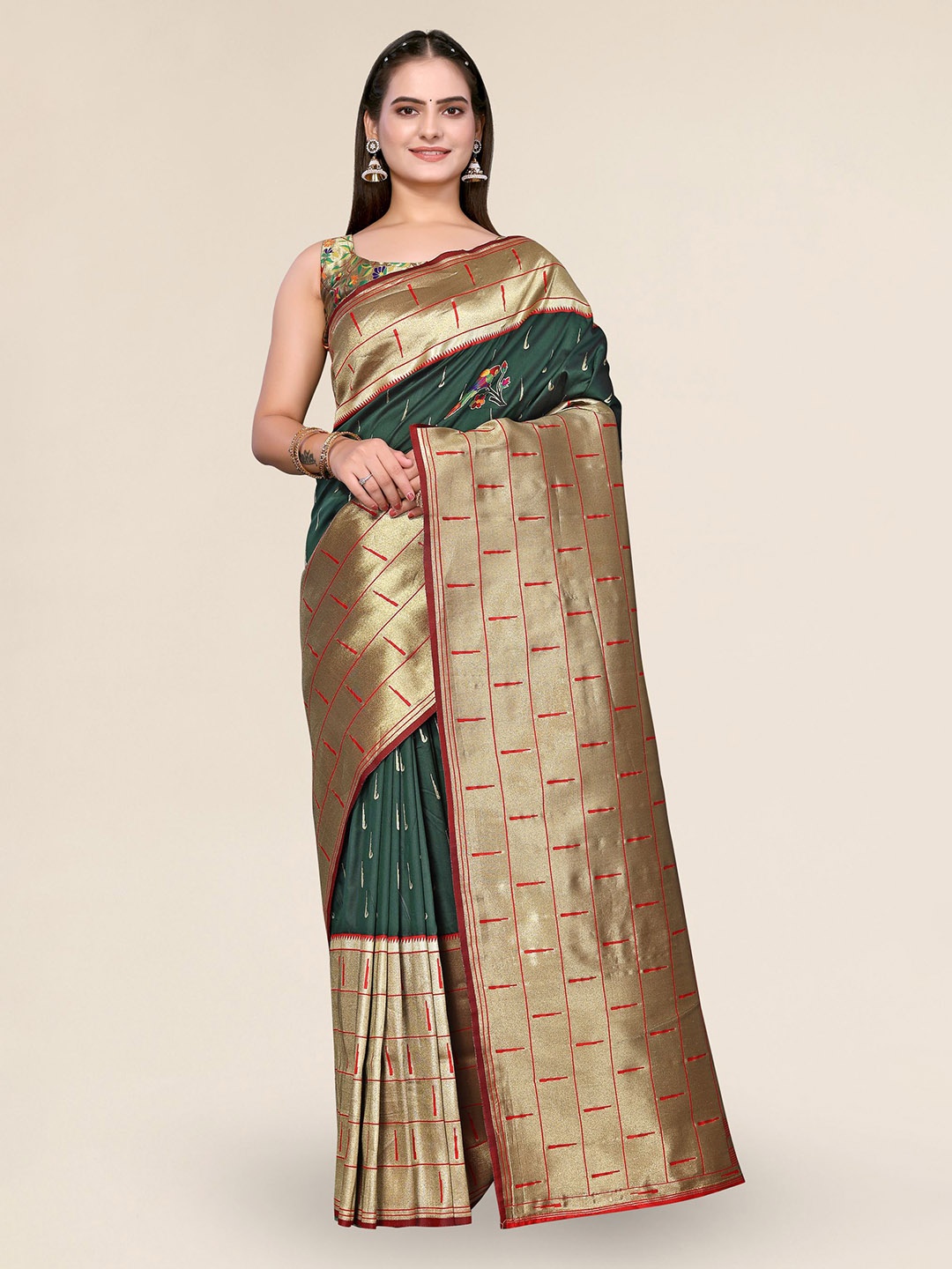 

DIVASTRI Woven Design Zari Silk Blend Banarasi Saree, Green