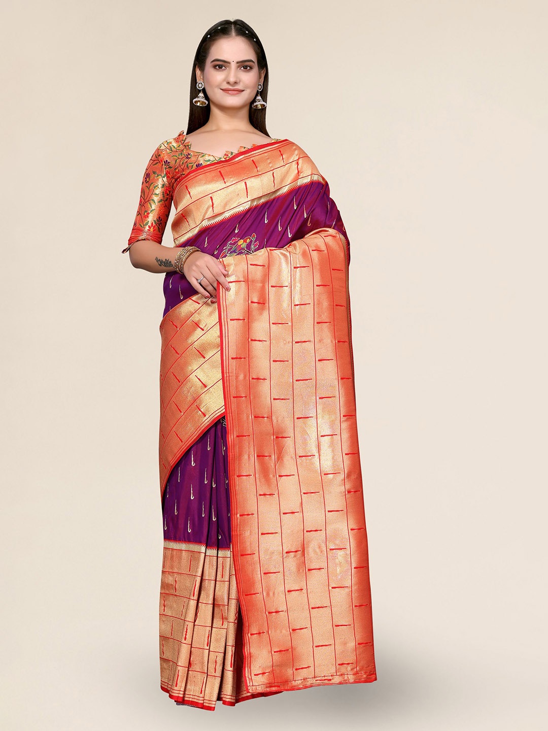 

DIVASTRI Woven Design Zari Silk Blend Banarasi Saree, Purple