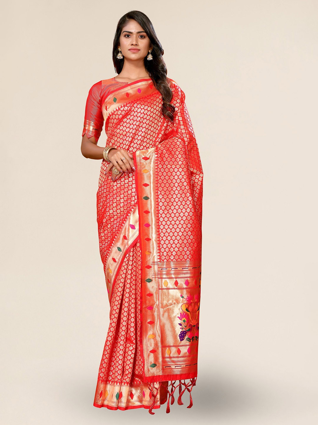 

DIVASTRI Ethnic Motifs Woven Design Zari Silk Blend Paithani Saree, Red