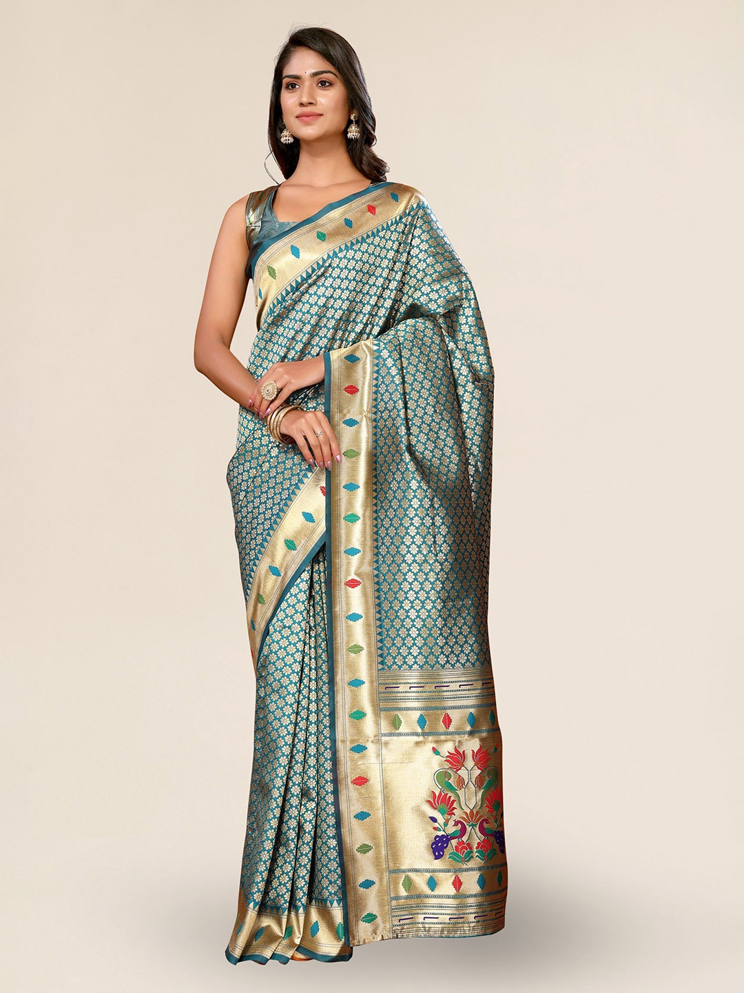 

DIVASTRI Ethnic Motifs Woven Design Zari Paithani Saree, Teal