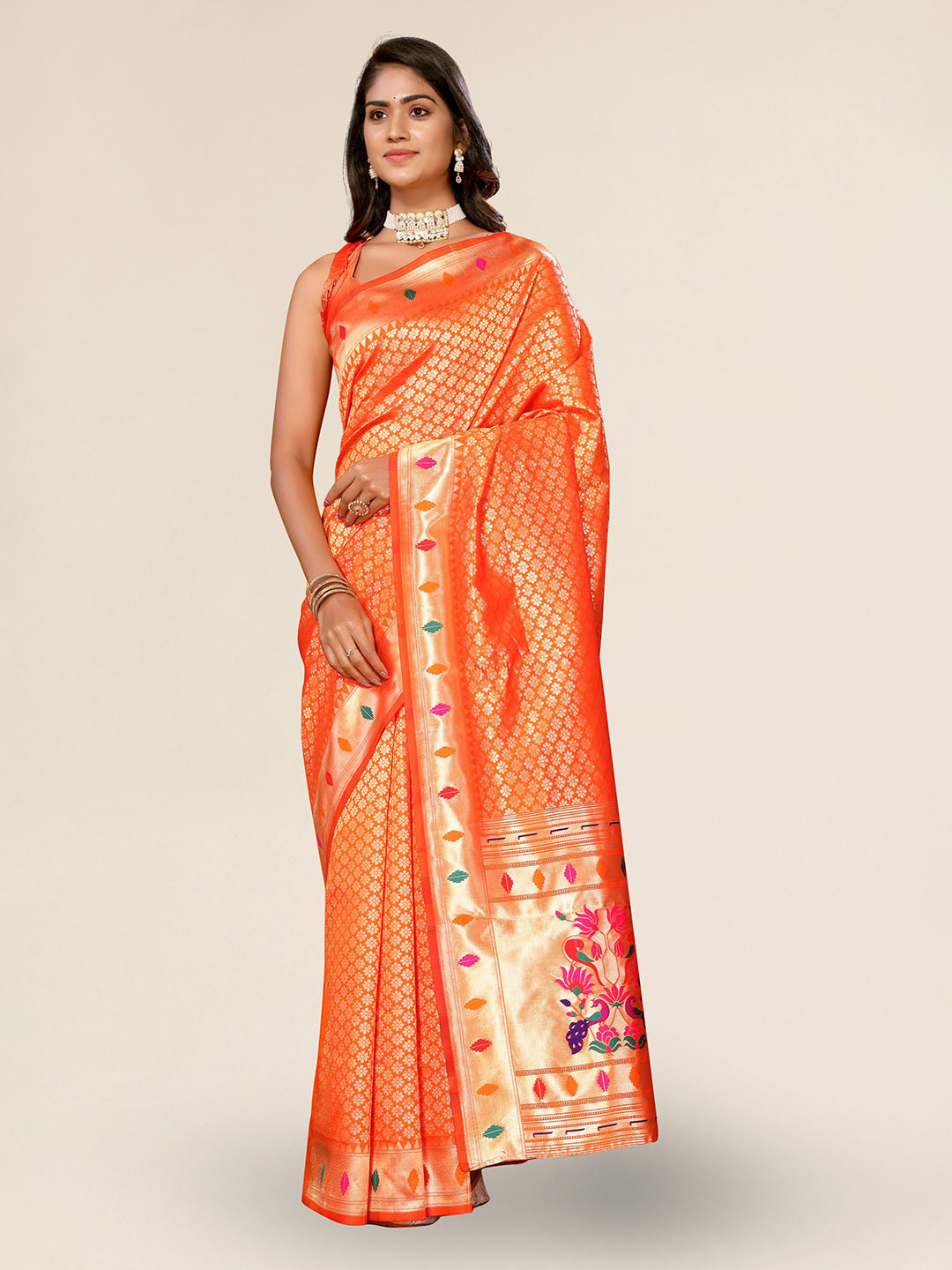 

DIVASTRI Woven Design Zari Silk Blend Paithani Saree, Orange