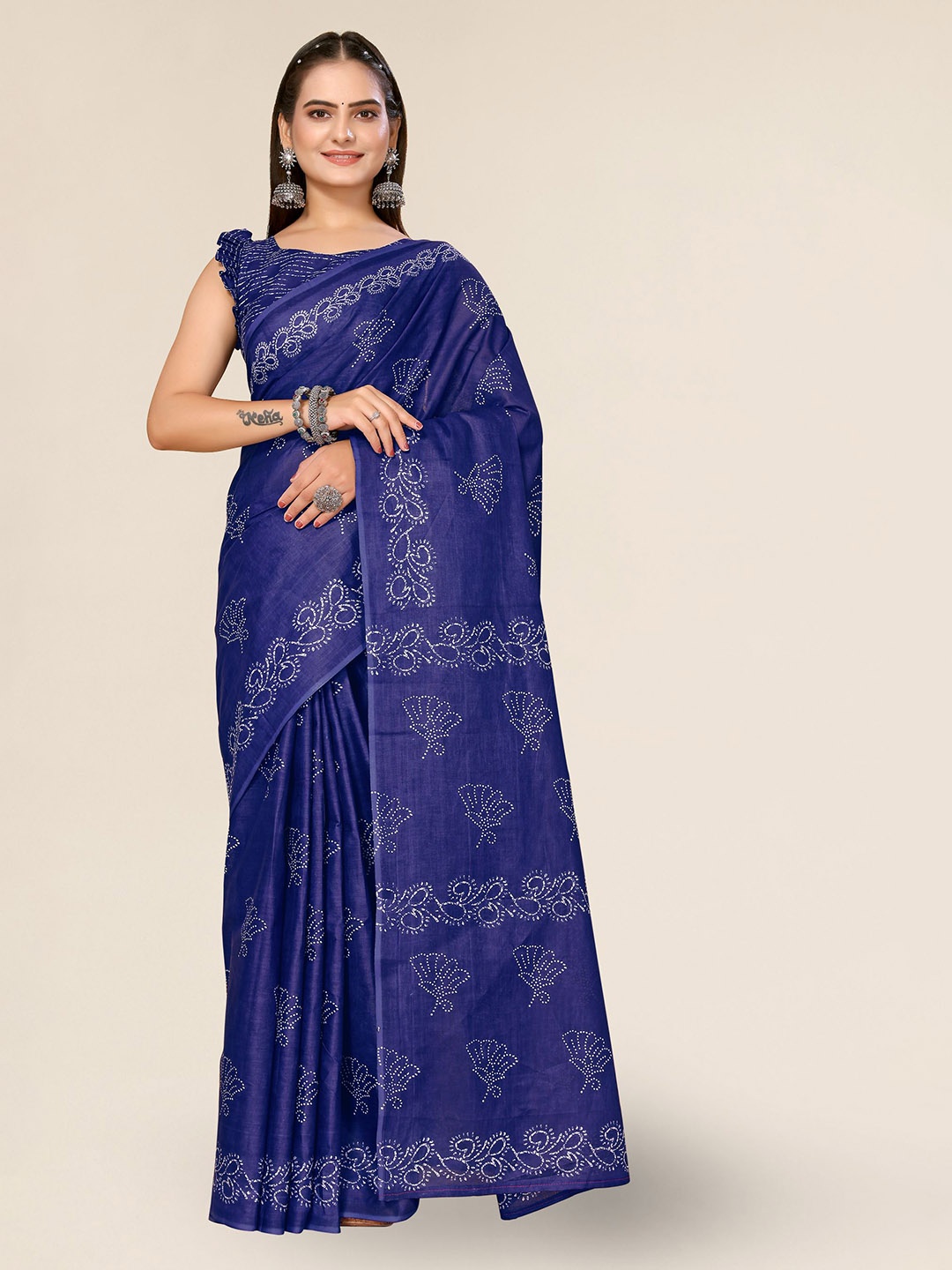 

DIVASTRI Floral Printed Kota Saree, Navy blue