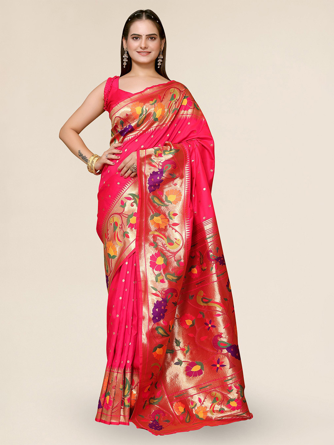 

DIVASTRI Ethnic Motifs Woven Design Zari Silk Blend Paithani Saree, Pink