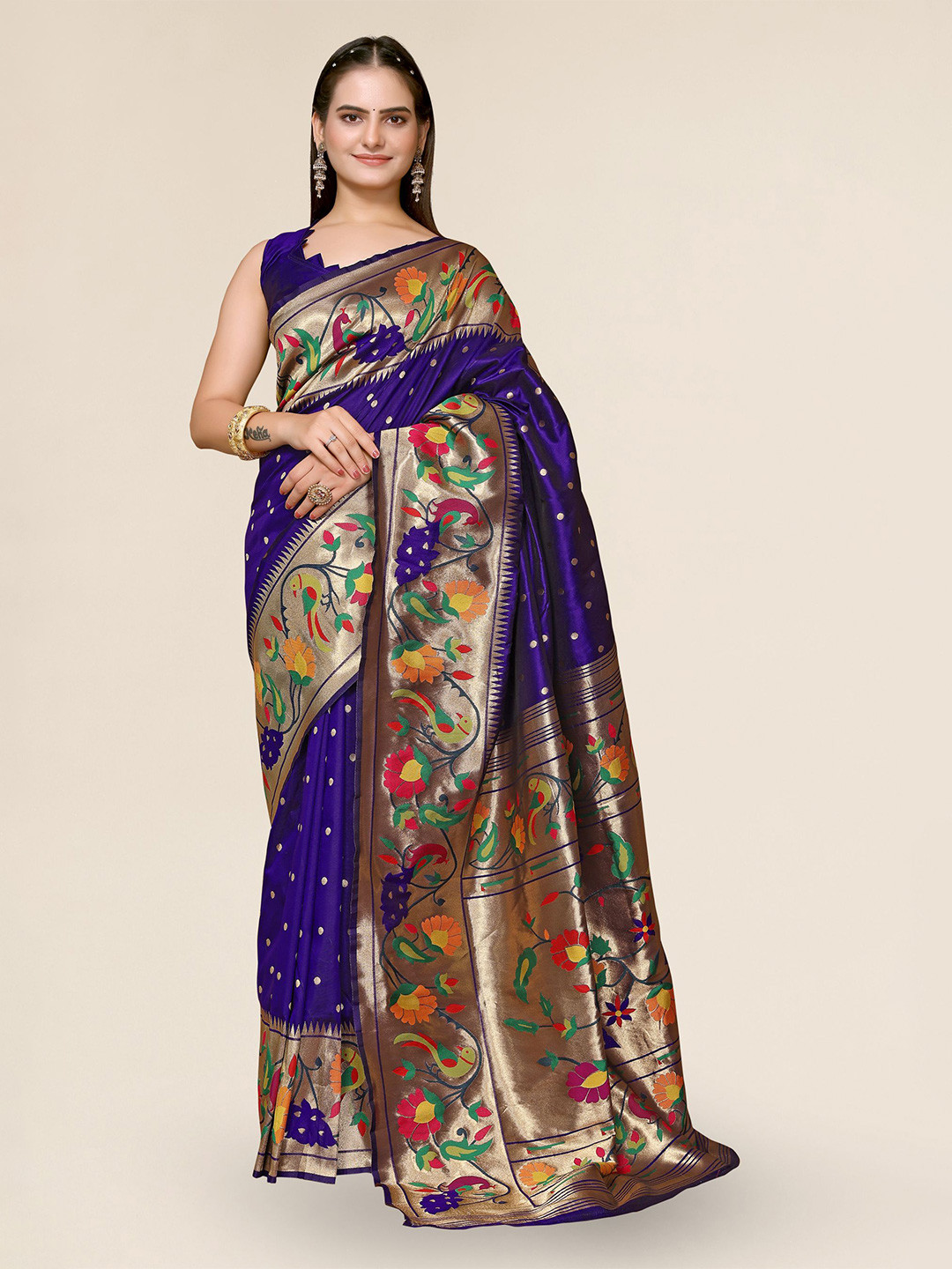 

DIVASTRI Ethnic Motifs Woven Design Zari Silk Blend Paithani Saree, Blue