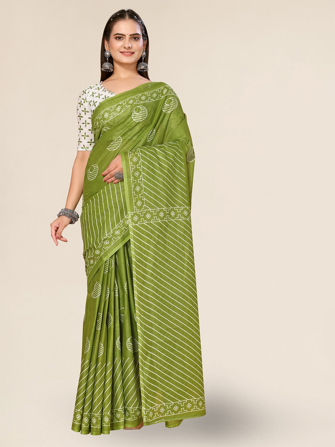 

DIVASTRI Geometric Printed Kota Saree, Green