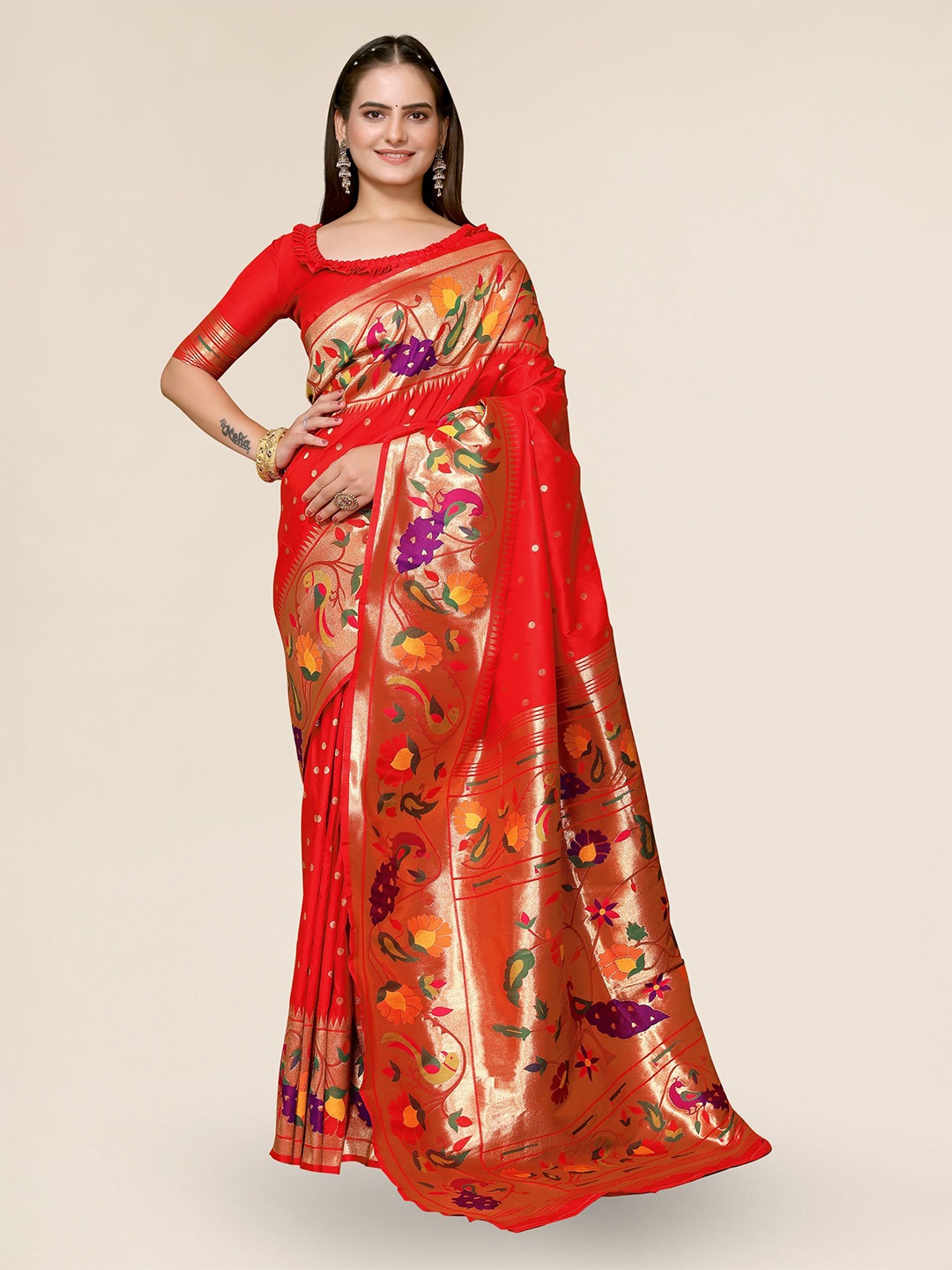 

DIVASTRI Woven Design Zari Silk Blend Paithani Saree, Red