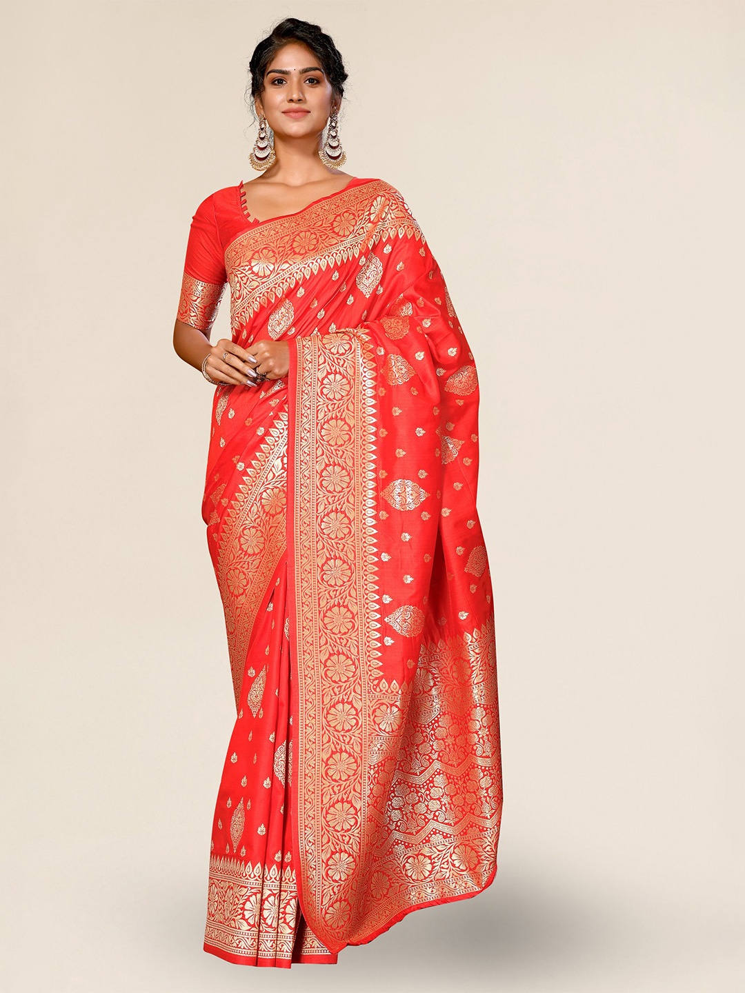 

DIVASTRI Ethnic Motifs Woven Design Zari Silk Blend Banarasi Saree, Red