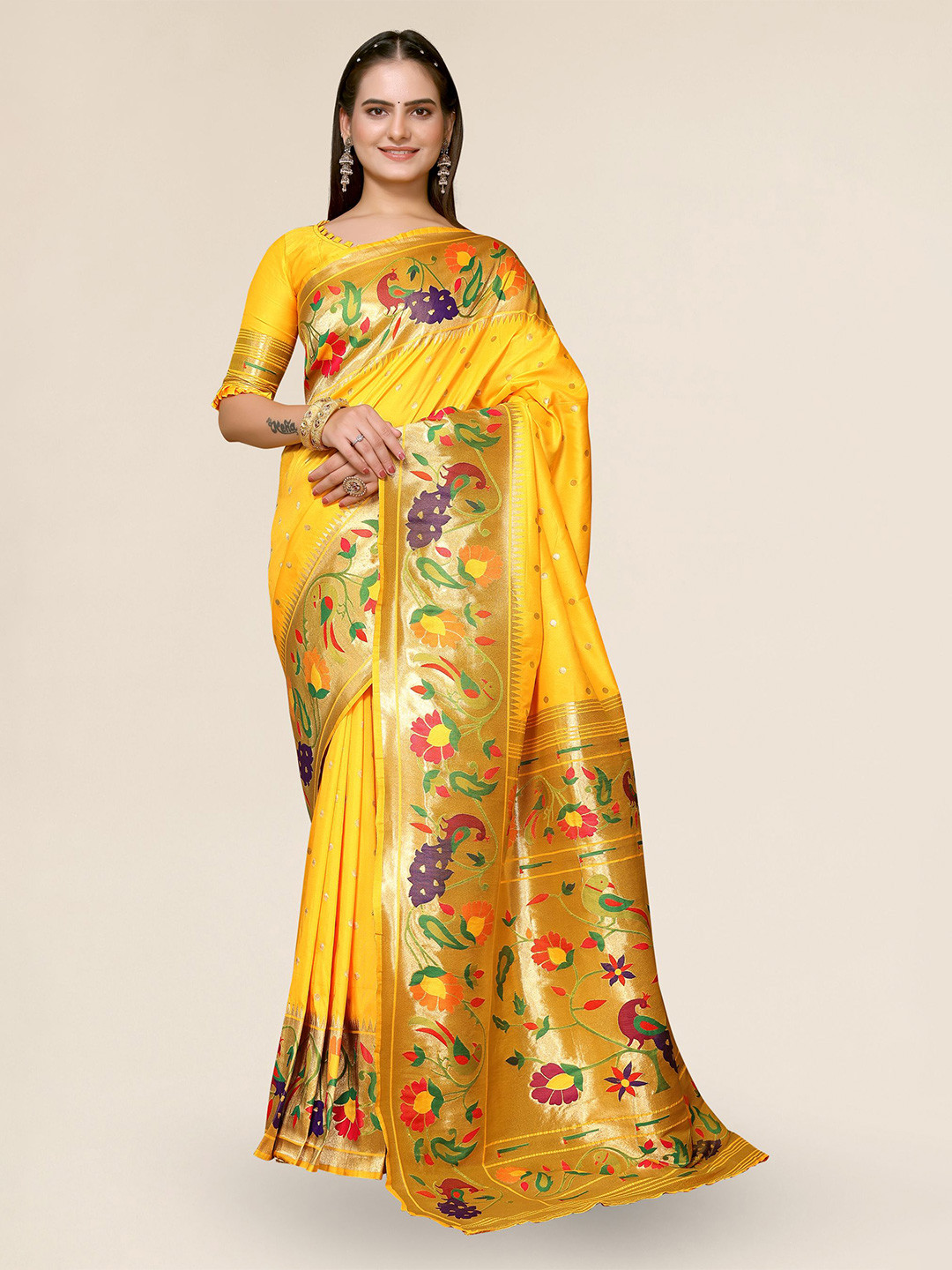 

DIVASTRI Floral Woven Design Zari Paithani Saree, Yellow