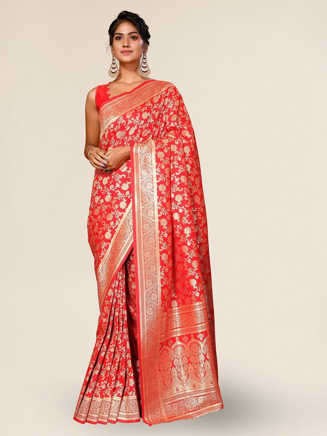 

DIVASTRI Floral Woven Design Zari Banarasi Saree, Red