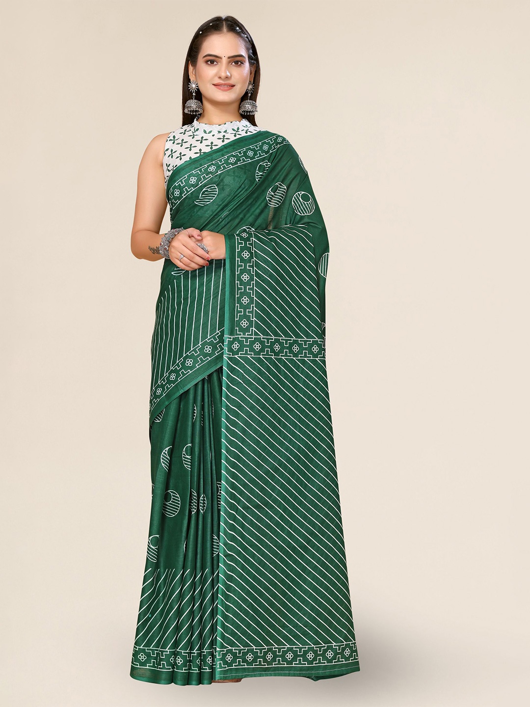 

DIVASTRI Geometric Printed Kota Saree, Green