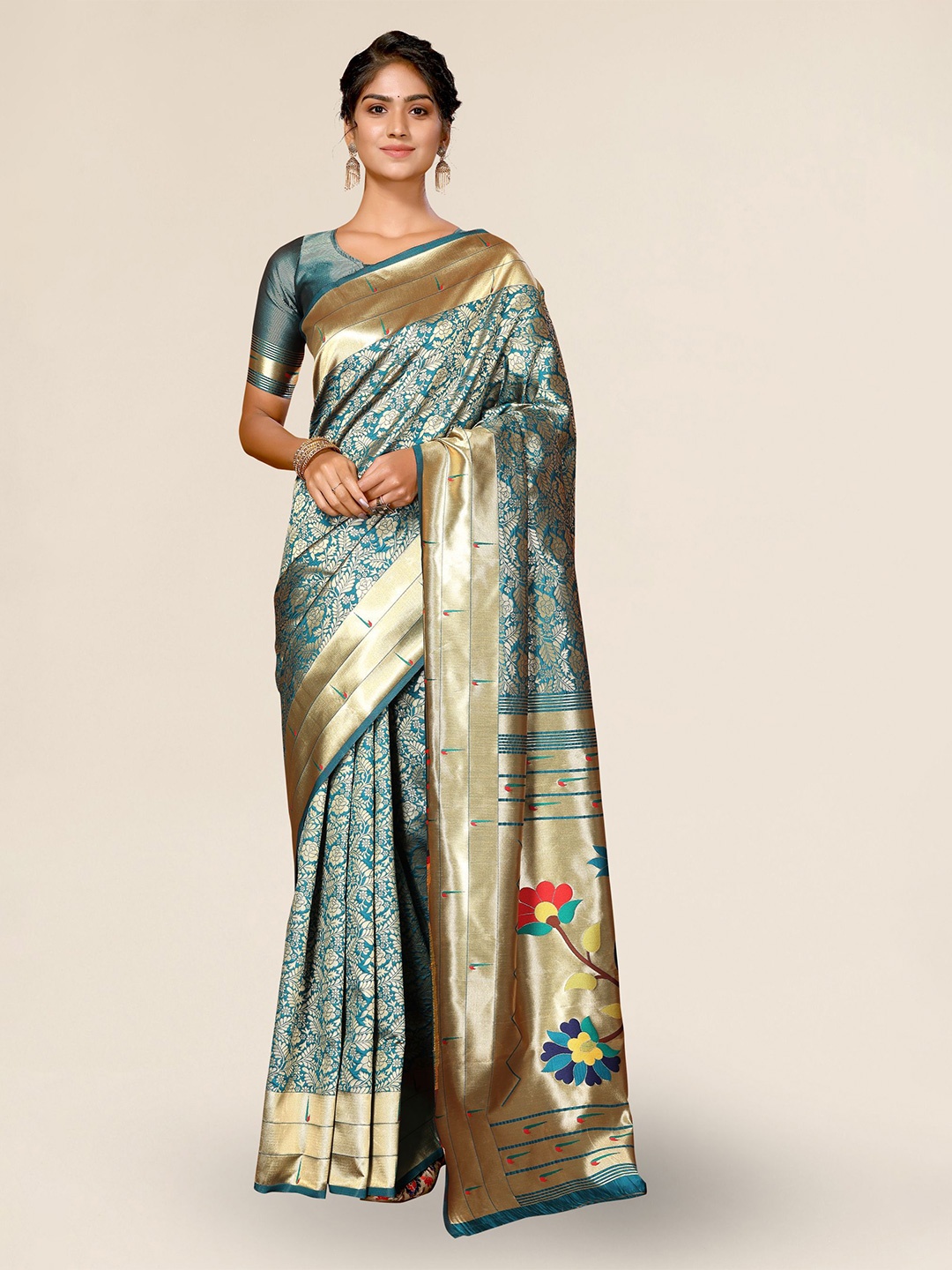 

DIVASTRI Ethnic Motifs Woven Design Zari Paithani Saree, Teal