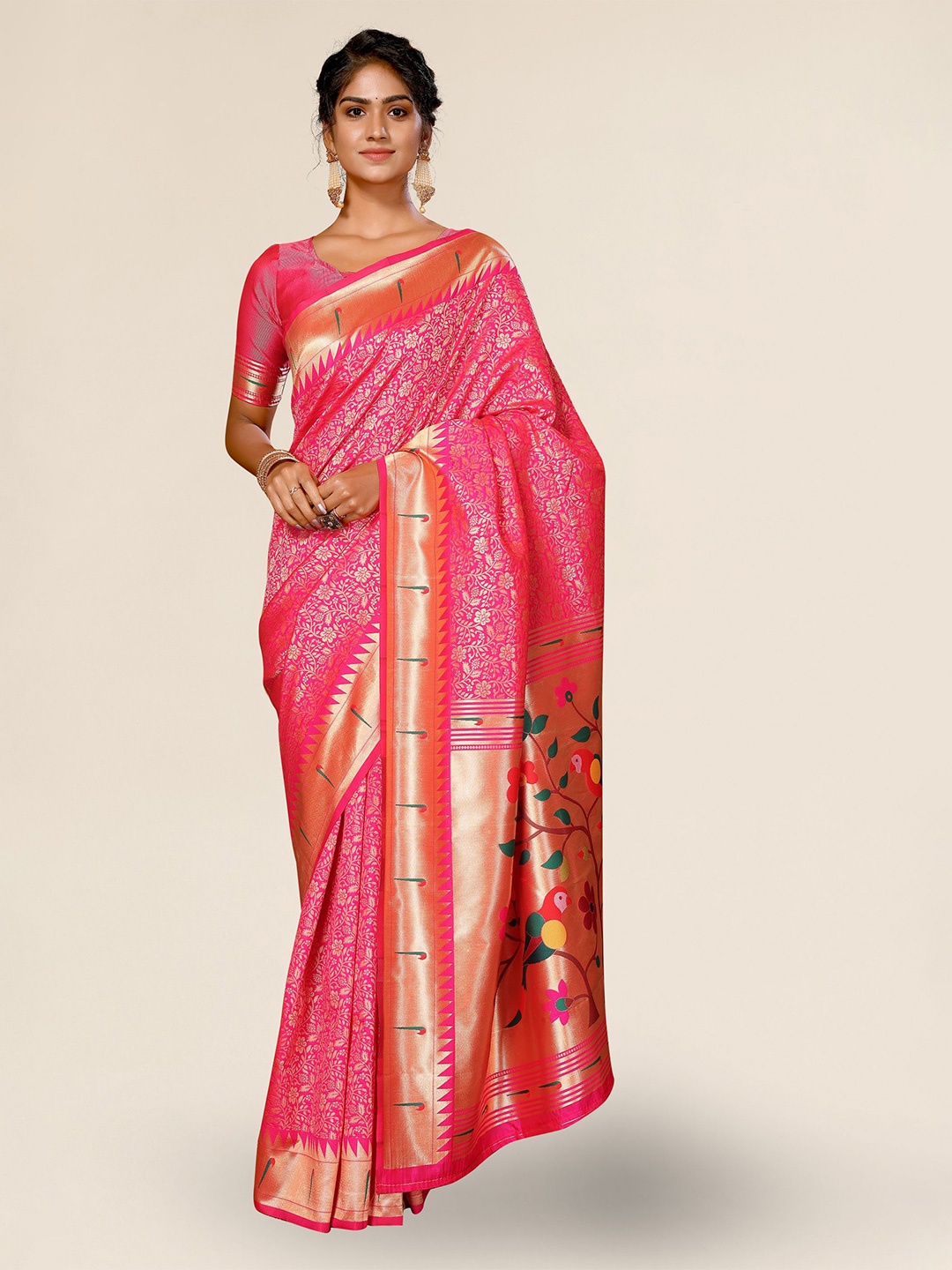 

DIVASTRI Ethnic Motifs Woven Design Zari Silk Blend Paithani Saree, Pink