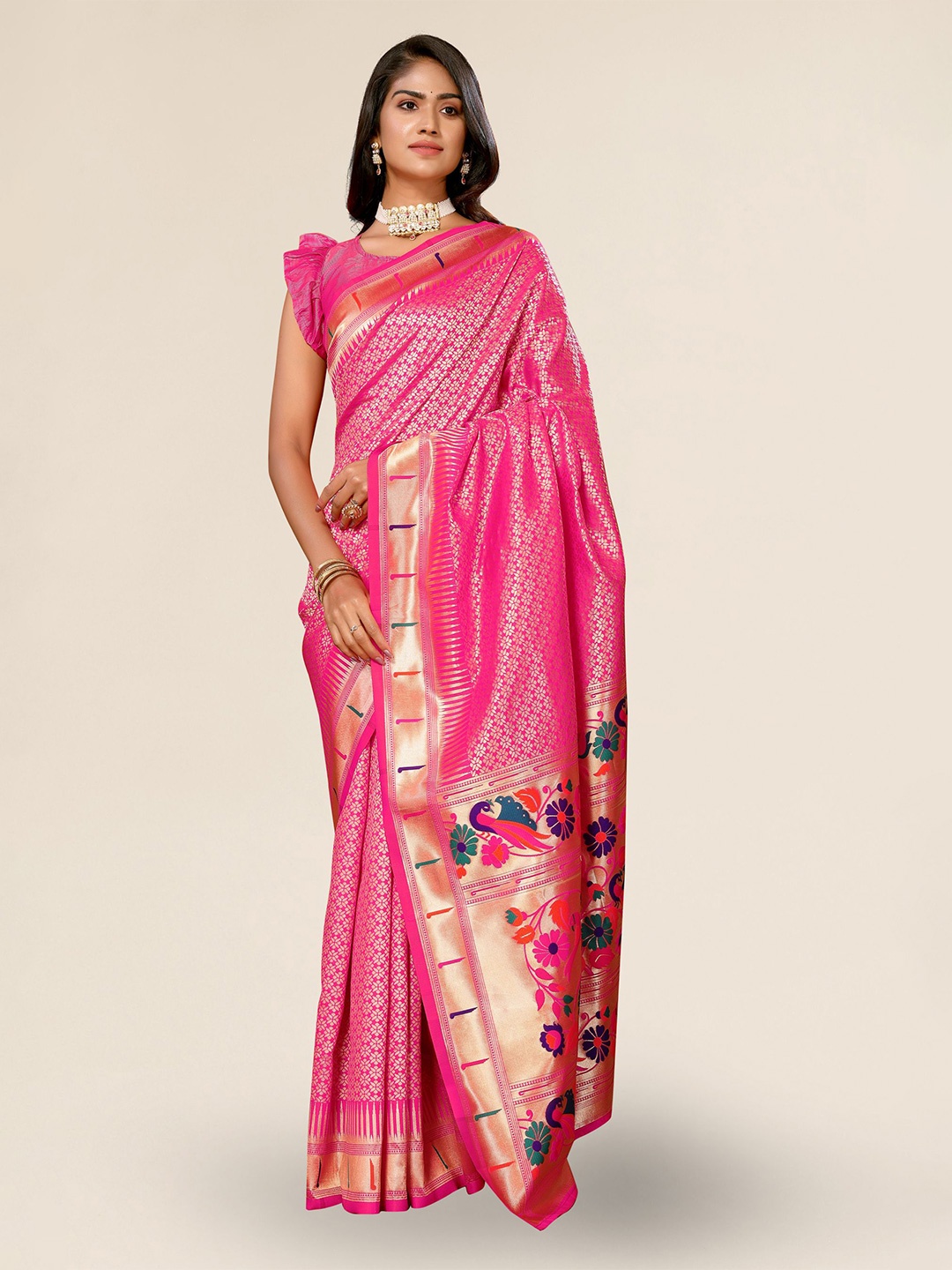 

DIVASTRI Ethnic Motifs Woven Design Zari Silk Blend Paithani Saree, Pink