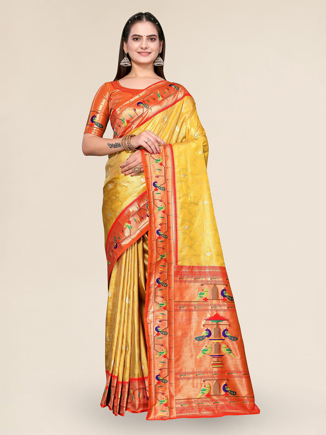 

DIVASTRI Floral Woven Design Zari Paithani Saree, Yellow