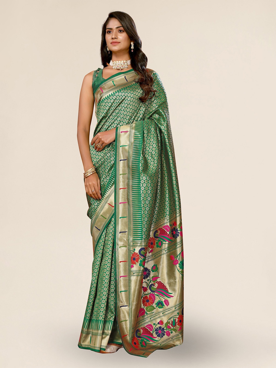 

DIVASTRI Floral Woven Design Zari Paithani Saree, Green