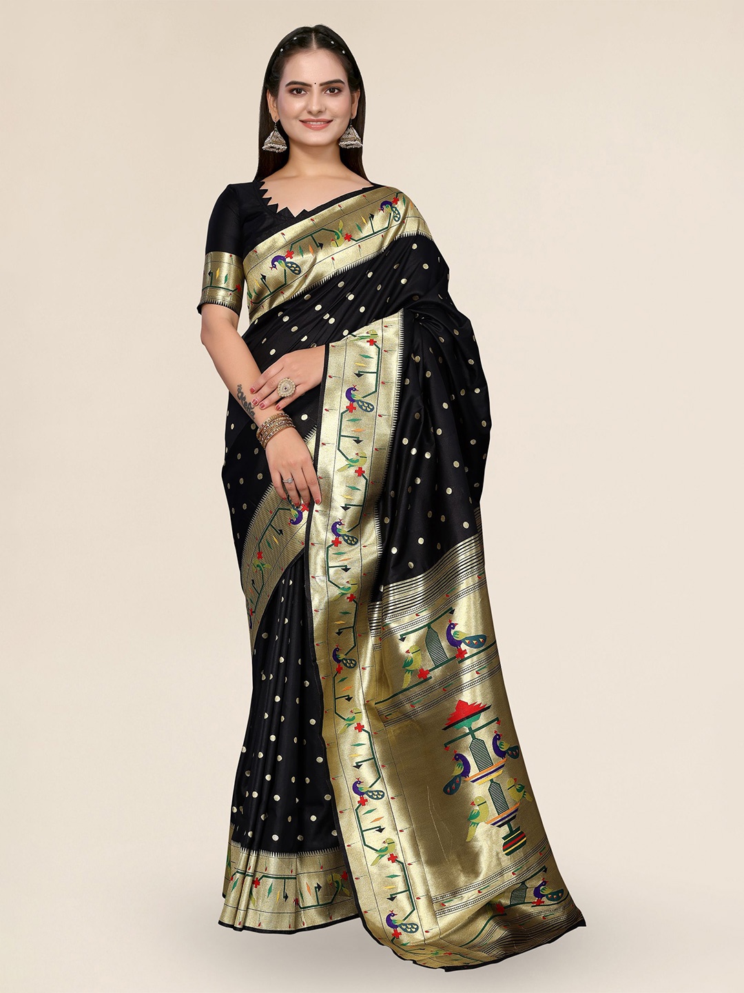 

DIVASTRI Ethnic Motifs Woven Design Zari Paithani Saree, Black