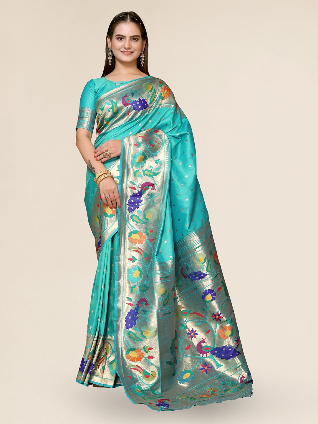 

DIVASTRI Woven Design Zari Paithani Saree, Teal