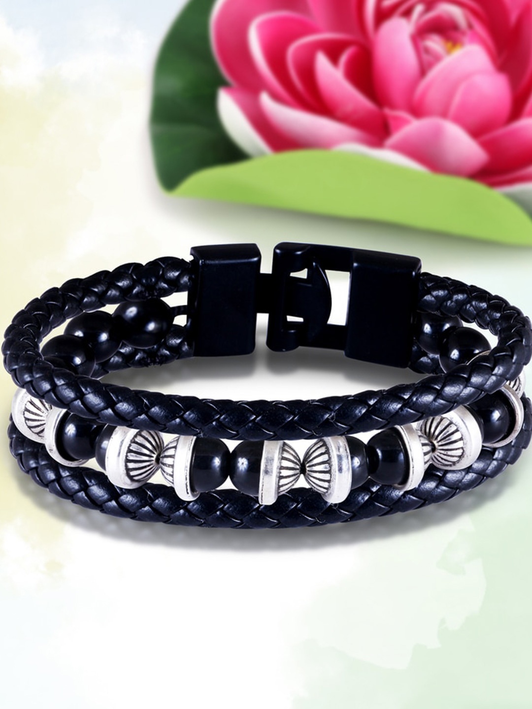 

MEENAZ Men Silver Plated Evil Eye Leather Bracelet