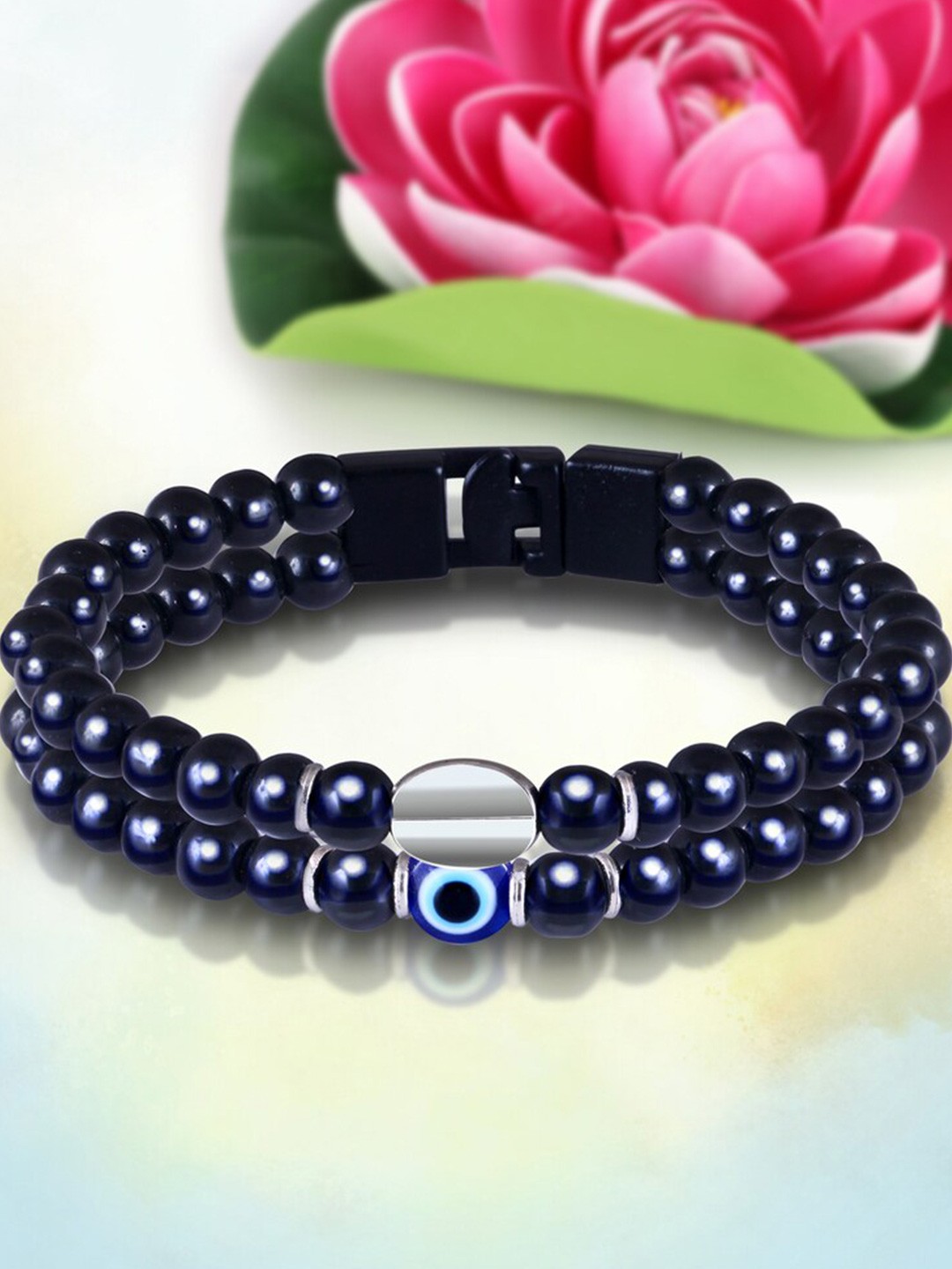 

MEENAZ Silver-Plated Leather Evil Eye Beaded Link Bracelet, Black