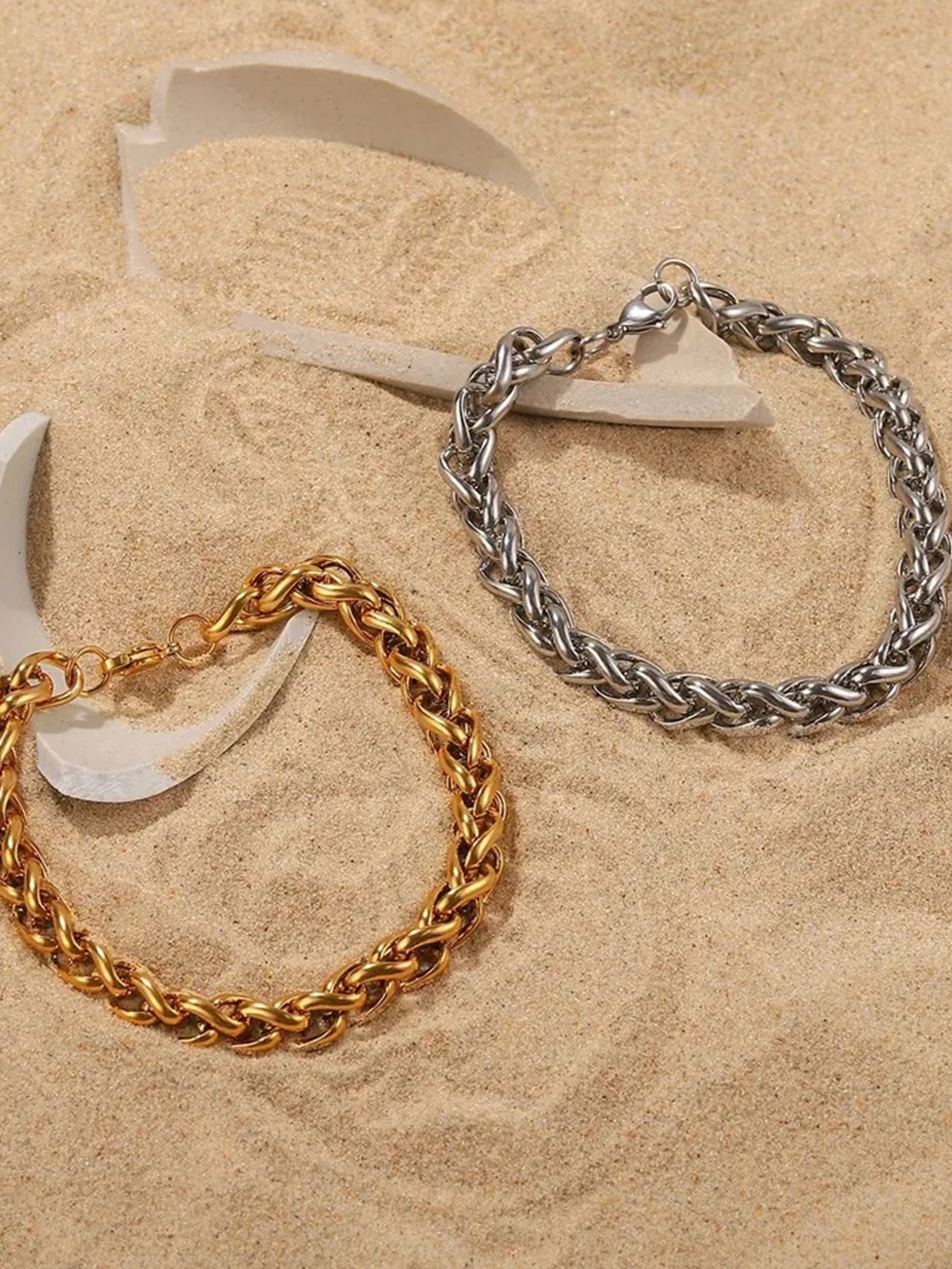 

MEENAZ Set Of 2 Silver-Plated Stainless Steel Link Bracelet