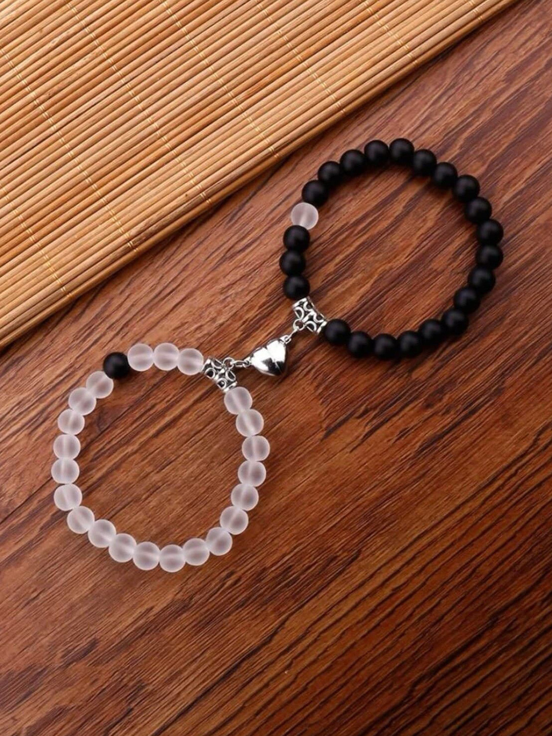 

MEENAZ Set Of 2 Silver-Plated Stainless Steel Beaded Elasticated Bracelet